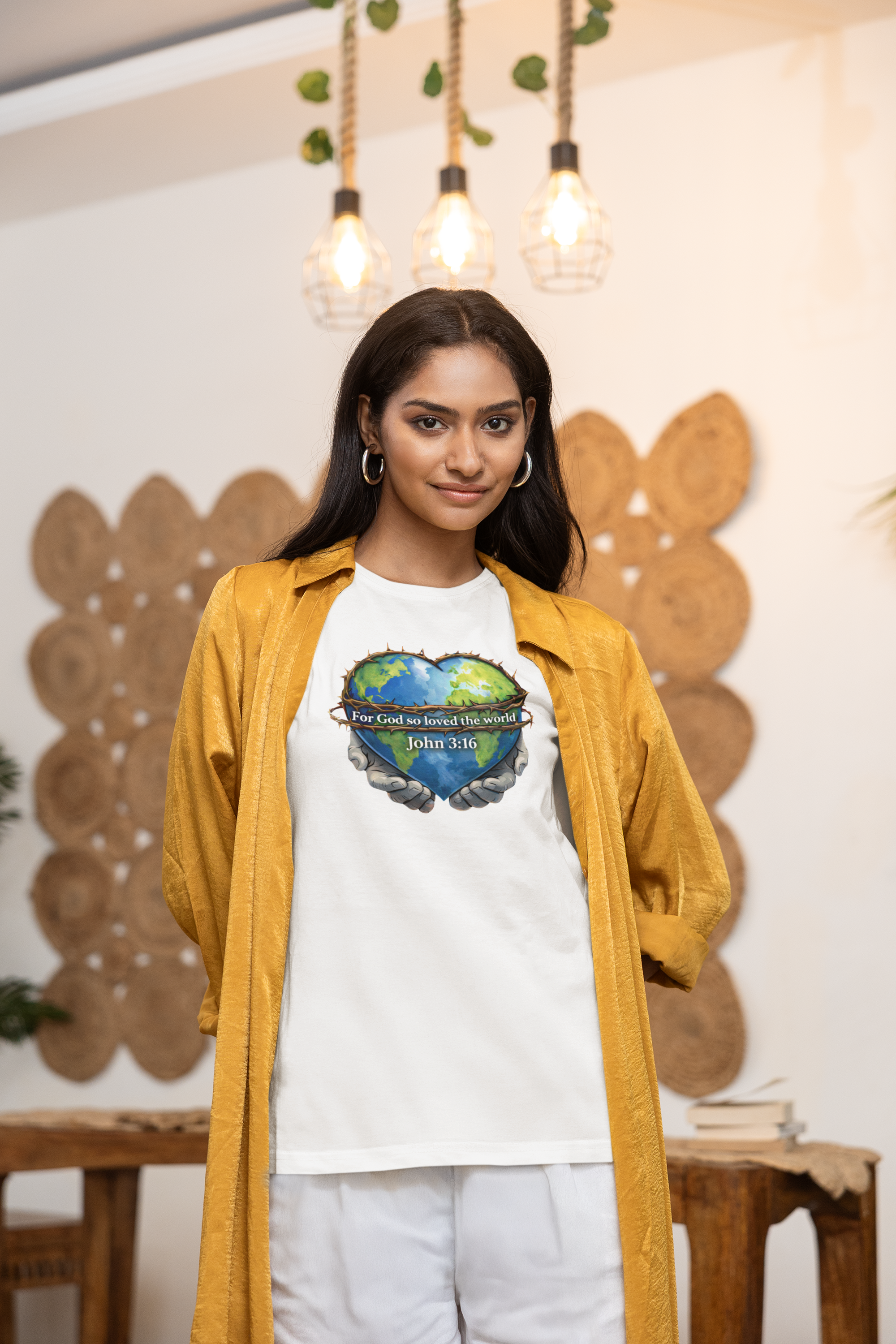 John 3:16 Heart Globe Christian T-Shirt — "For God so loved the world" Faith Tee