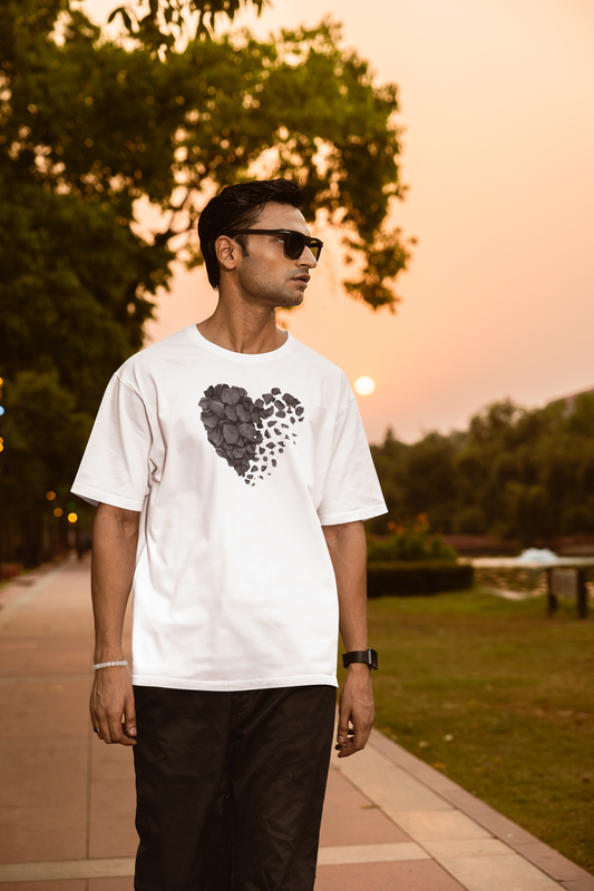 Black Heart Petals Tee — Monochrome Broken Heart Floral T-Shirt