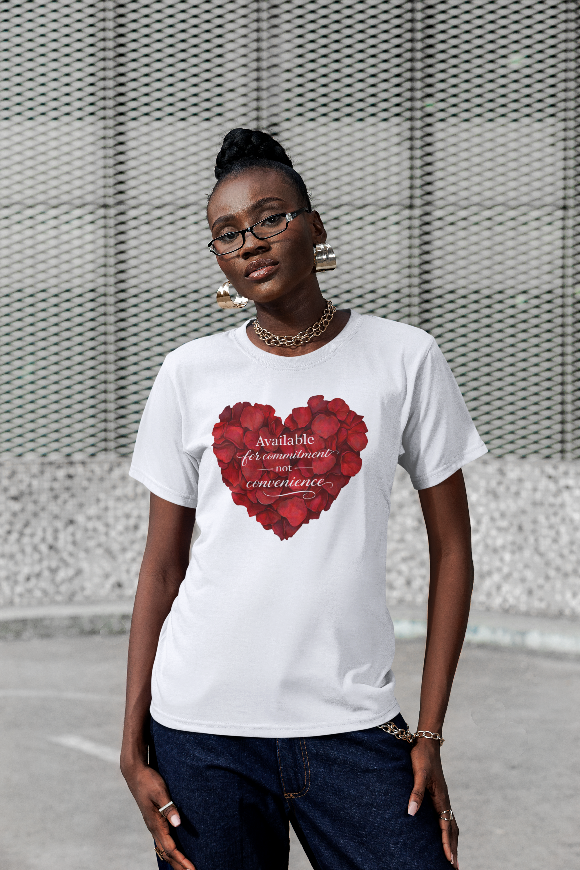 Heart Petals T-Shirt — "Available for commitment not for convenience" Valentine Tee
