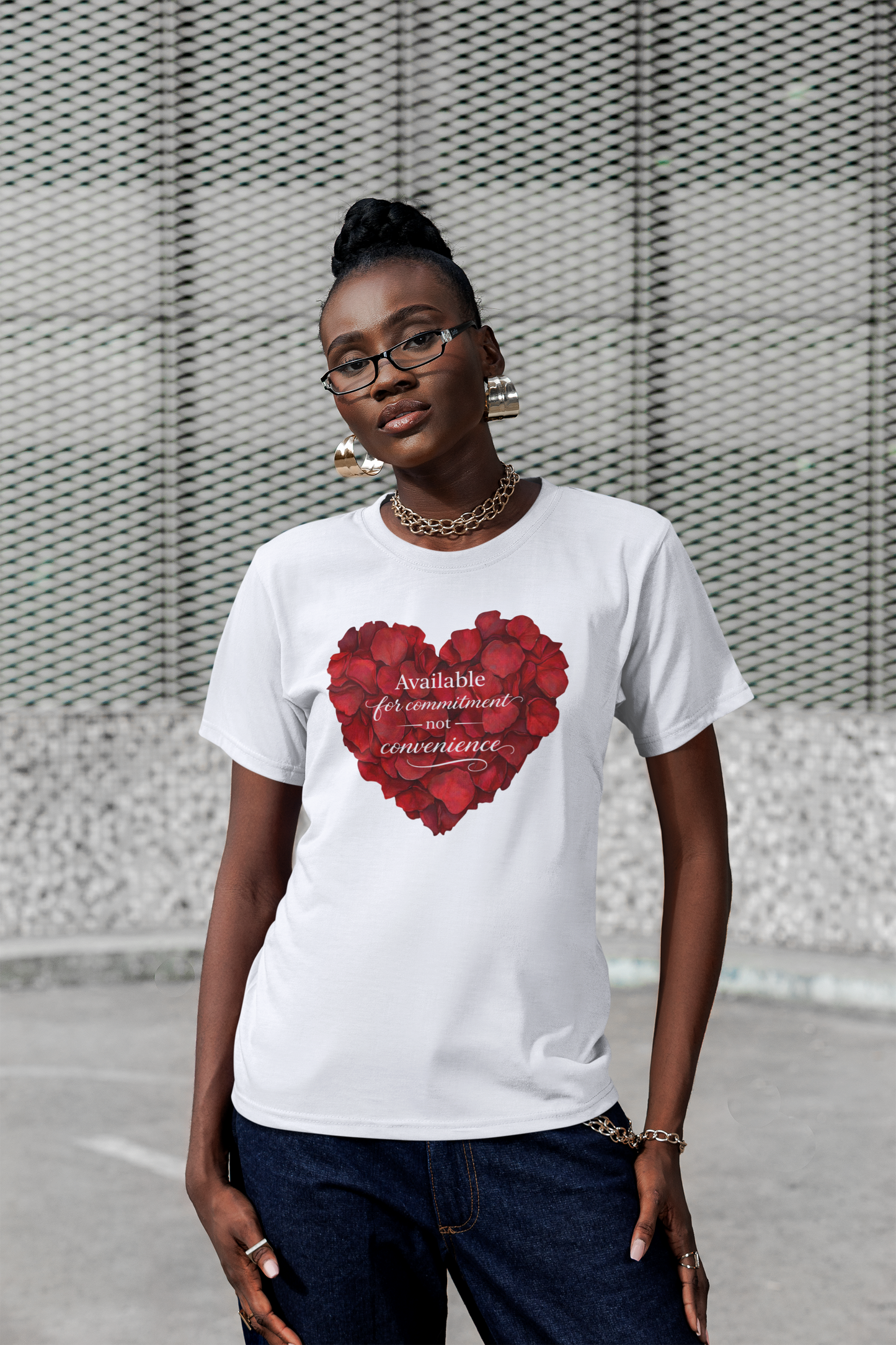 Heart Petals T-Shirt — "Available for commitment not for convenience" Valentine Tee
