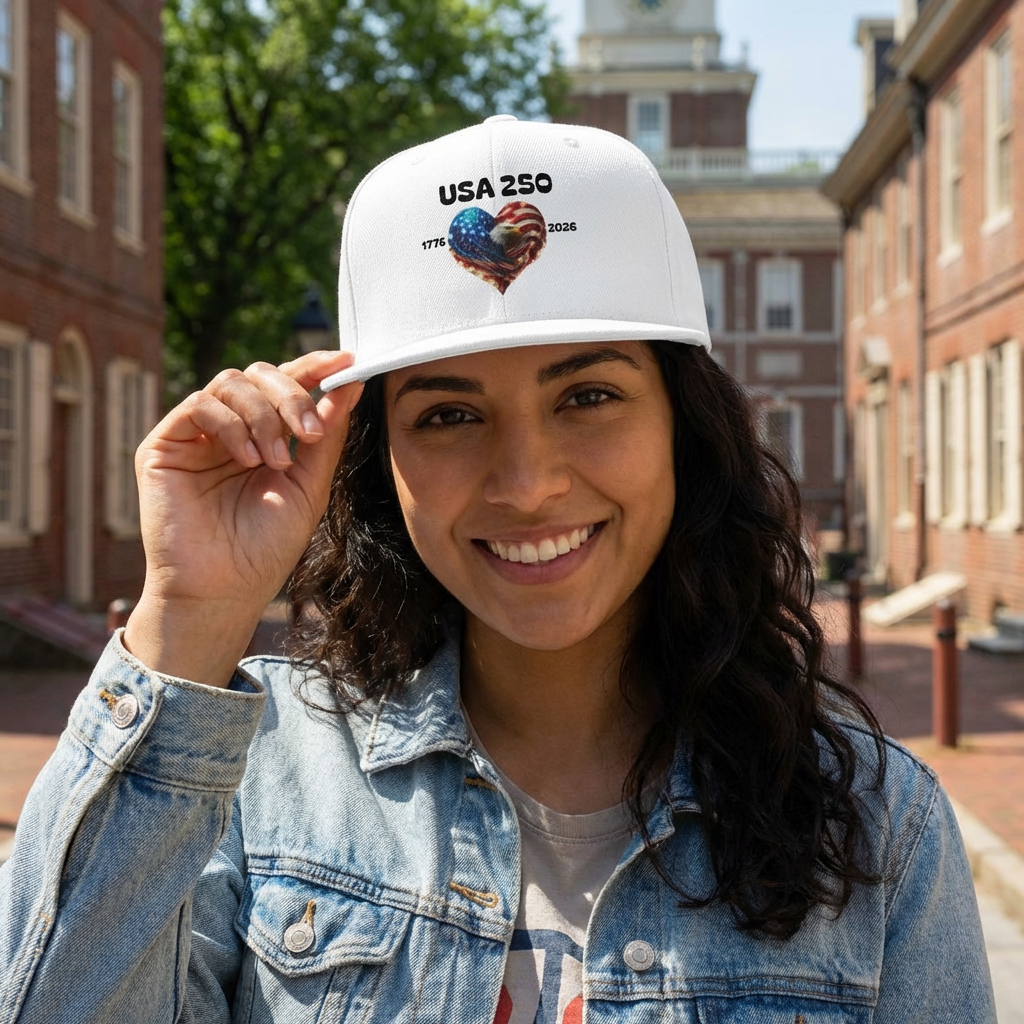USA 250 Snapback Hat — Patriotic American Flag Heart 1776–2026 Baseball Cap