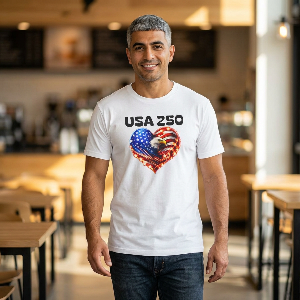 USA 250 Heart Flag T-Shirt — Patriotic American Eagle Tee for Independence Day
