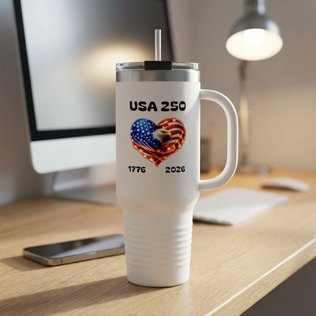 USA 250 Patriotic 40oz Tumbler - 1776–2026 American Eagle Heart Travel Mug | Insulated Independence Anniversary Cup