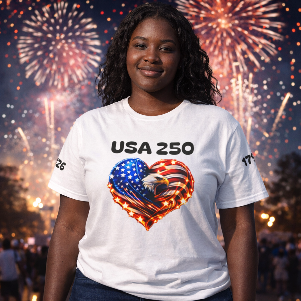 USA 250 Heart Flag T-Shirt — Patriotic Bald Eagle Tee for Independence Day