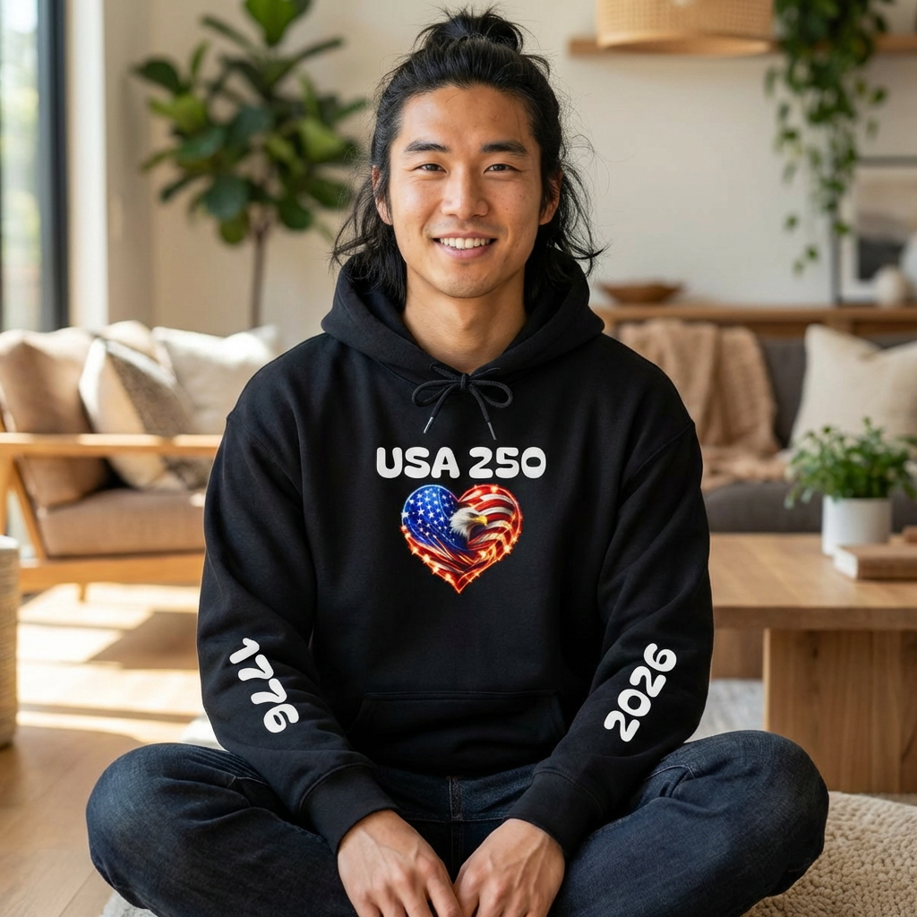 USA 250 Heart Flag Hoodie — 1776 & 2026 Patriotic Anniversary Sweatshirt
