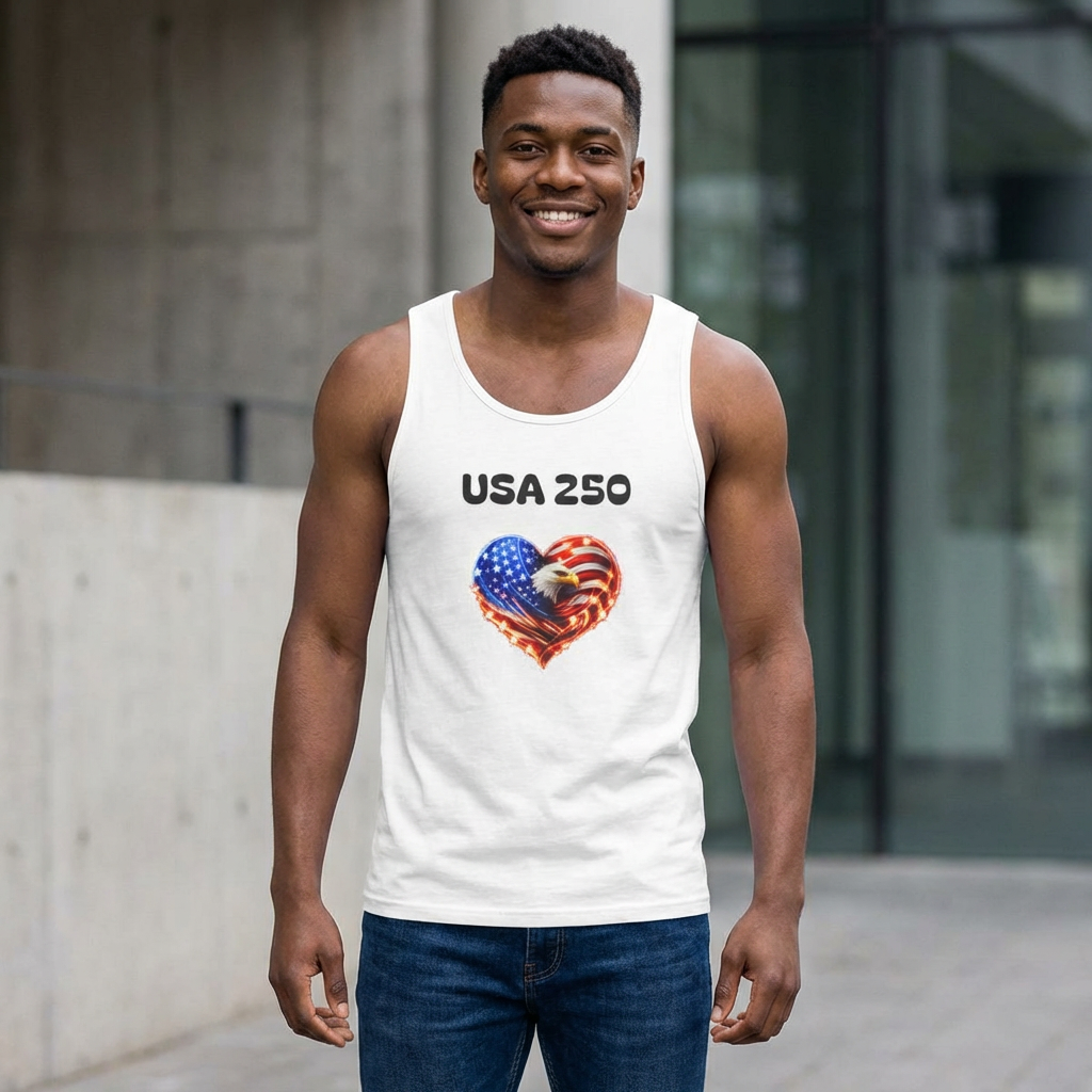 USA 250 Heart Tank Top — Patriotic American Flag Sleeveless Shirt