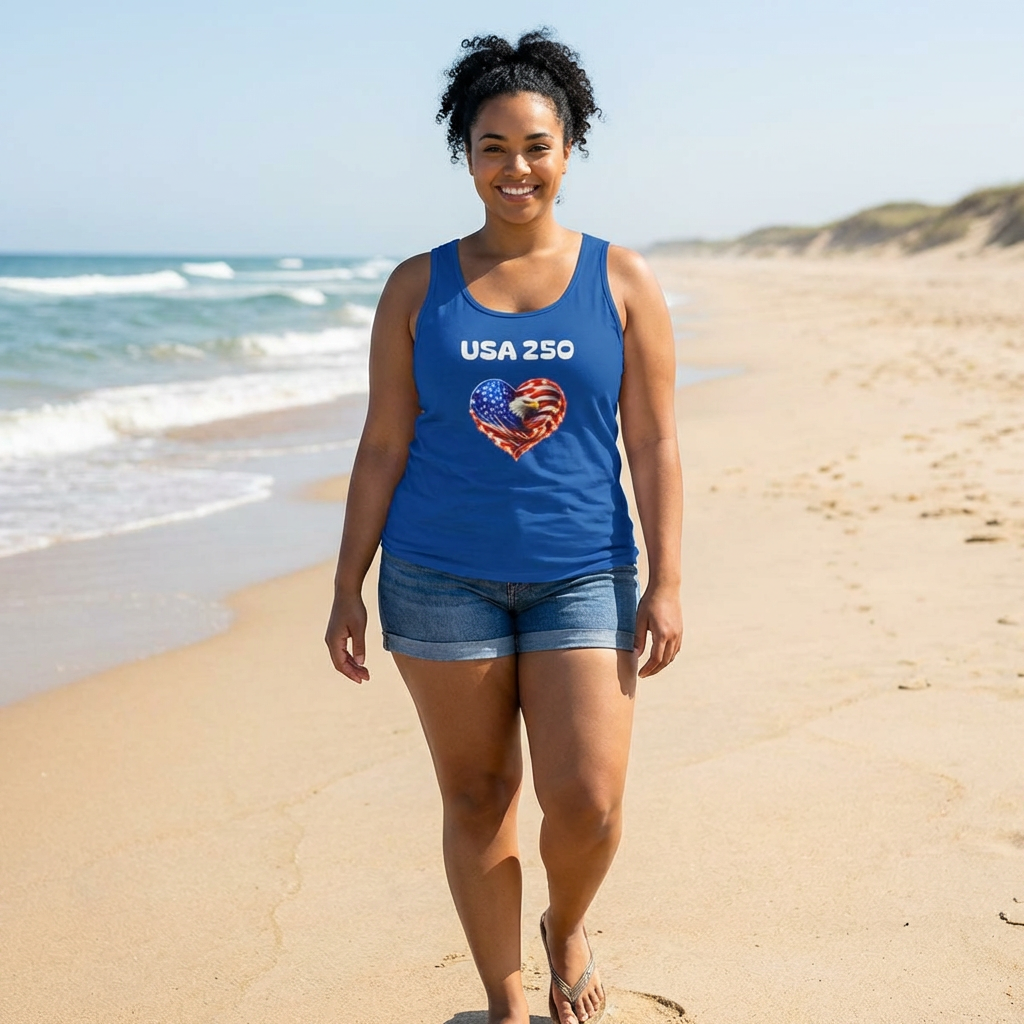 USA 250 Heart Tank Top — Patriotic American Flag Sleeveless Shirt