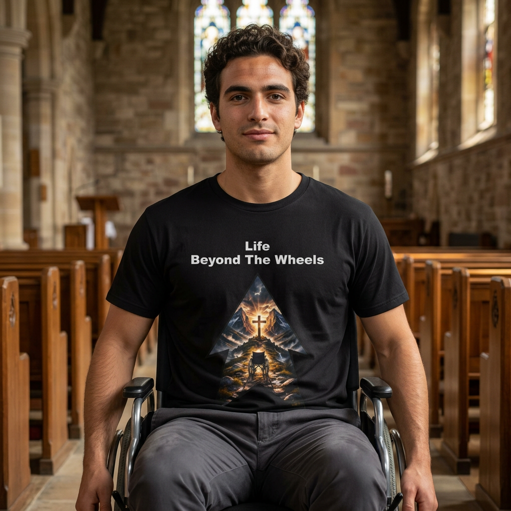 Life Beyond The Wheels – Christian Inspirational Faith T-Shirt | Mountain Cross Wheelchair Design