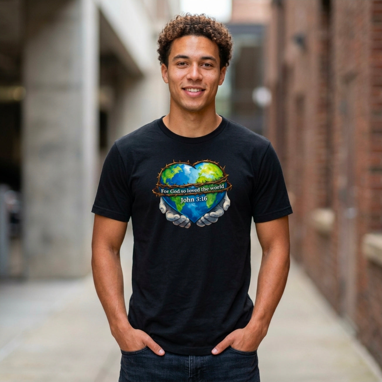 John 3:16 Heart Globe Christian T-Shirt — "For God so loved the world" Faith Tee