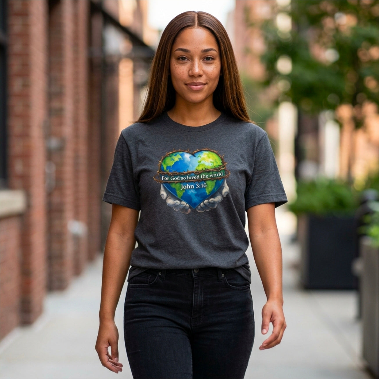 John 3:16 Heart Globe Christian T-Shirt — "For God so loved the world" Faith Tee