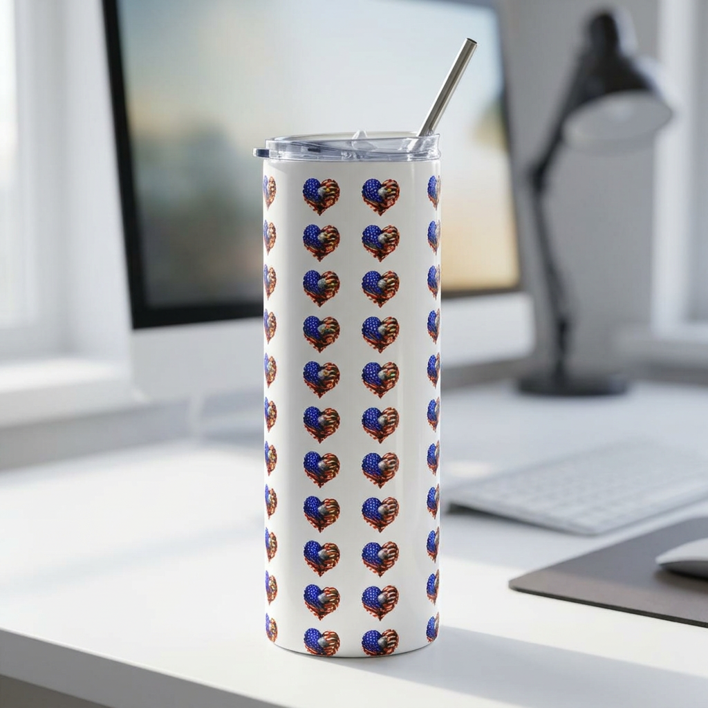 USA 250 20oz Stainless Steel Tumbler — Patriotic Heart Flag Pattern, Insulated Travel Cup