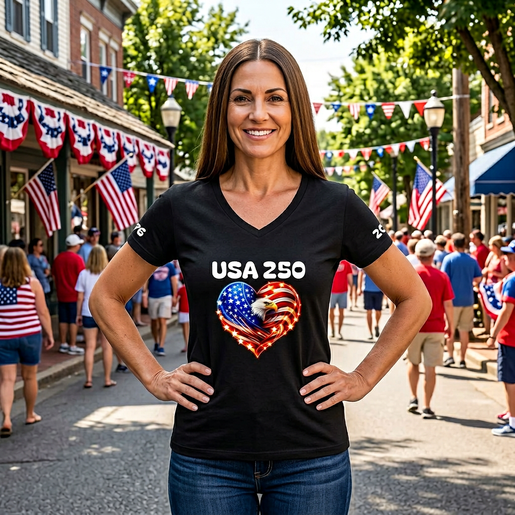 USA 250 Heart Eagle V-Neck Tee — Patriotic Women’s 250th Anniversary Shirt