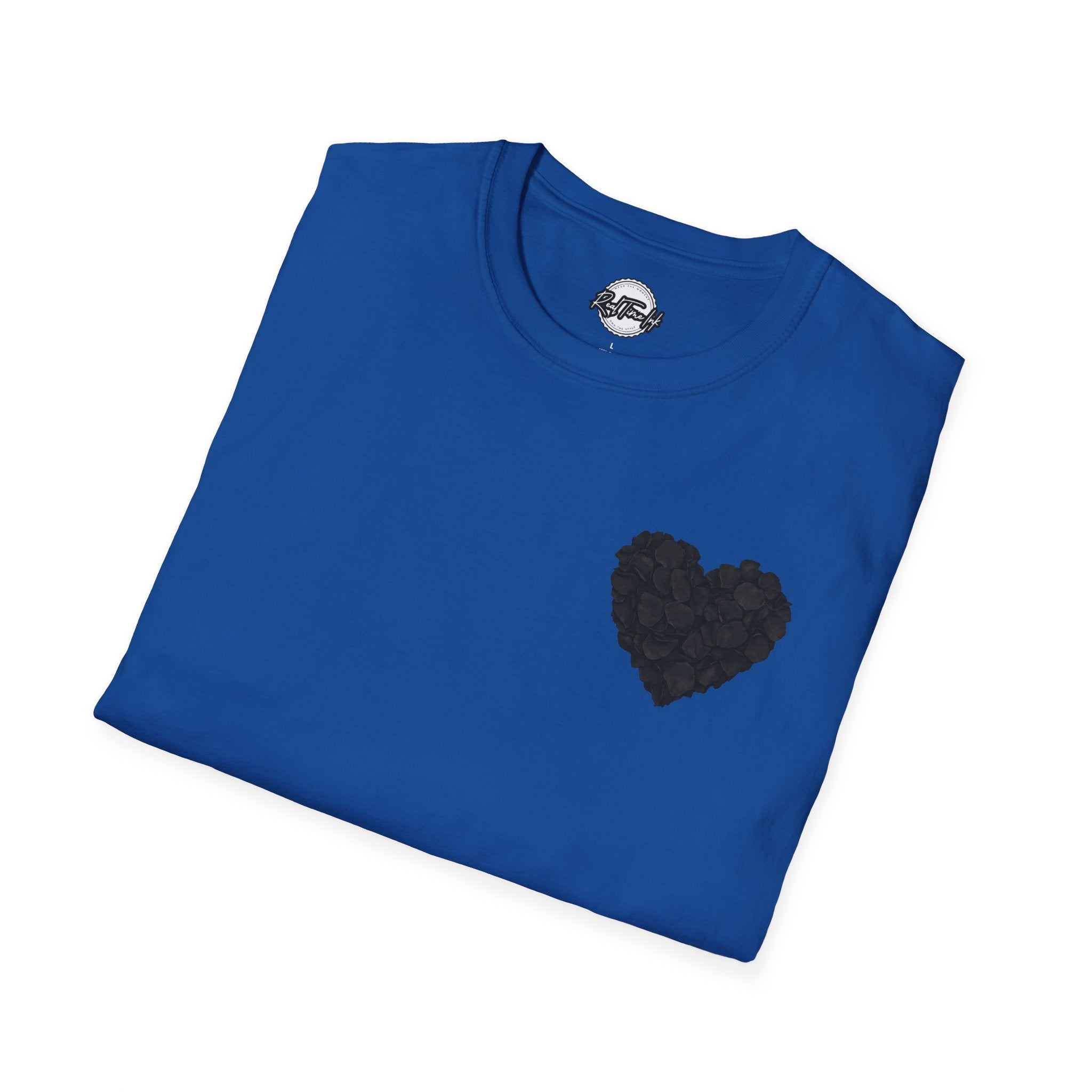 Black Rose Petal Heart T-Shirt — Minimal Floral Heart Tee for Valentine's & Everyday