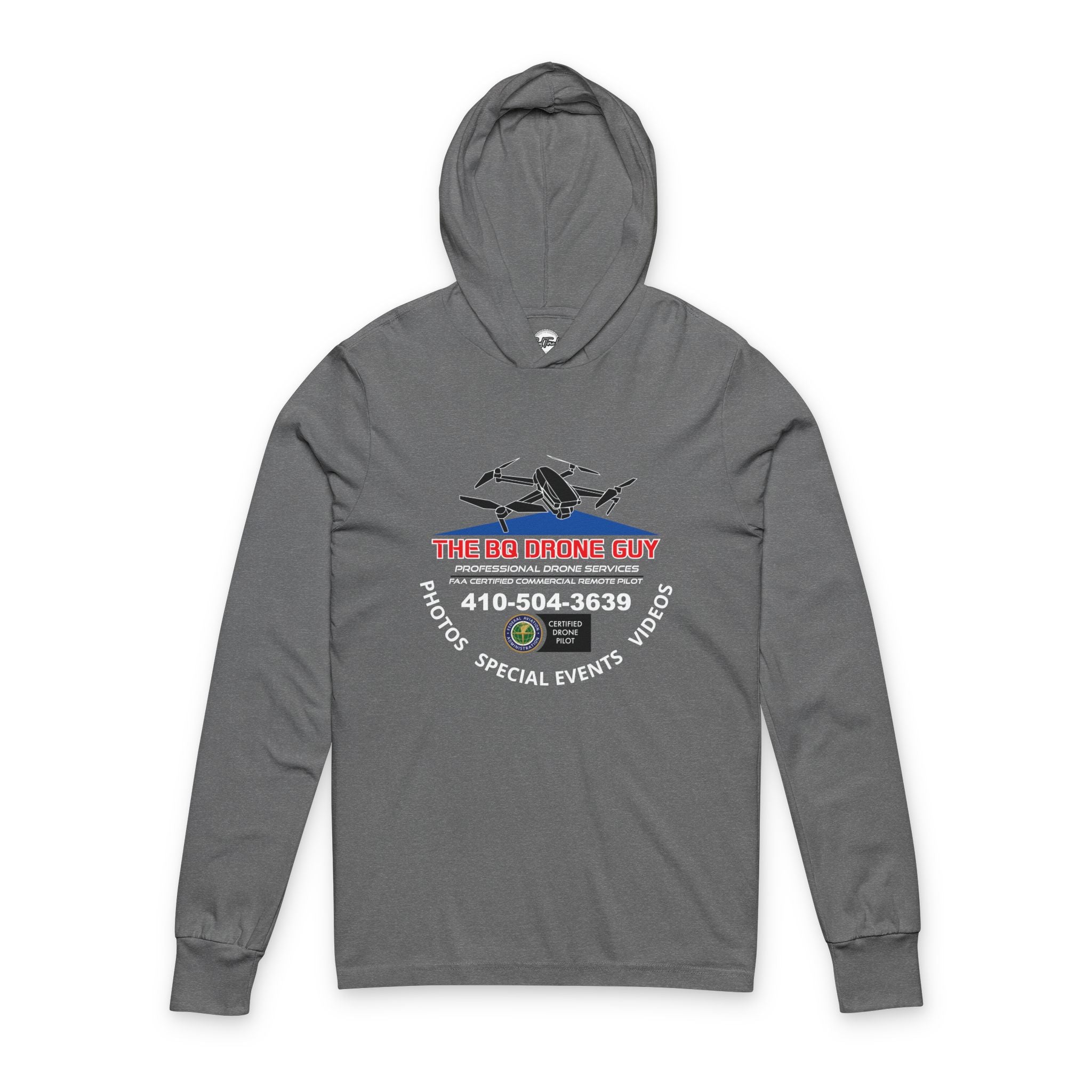 The BQ Drone Guy Hooded Long Sleeve Tee — Drone Shirt with Phone & Services