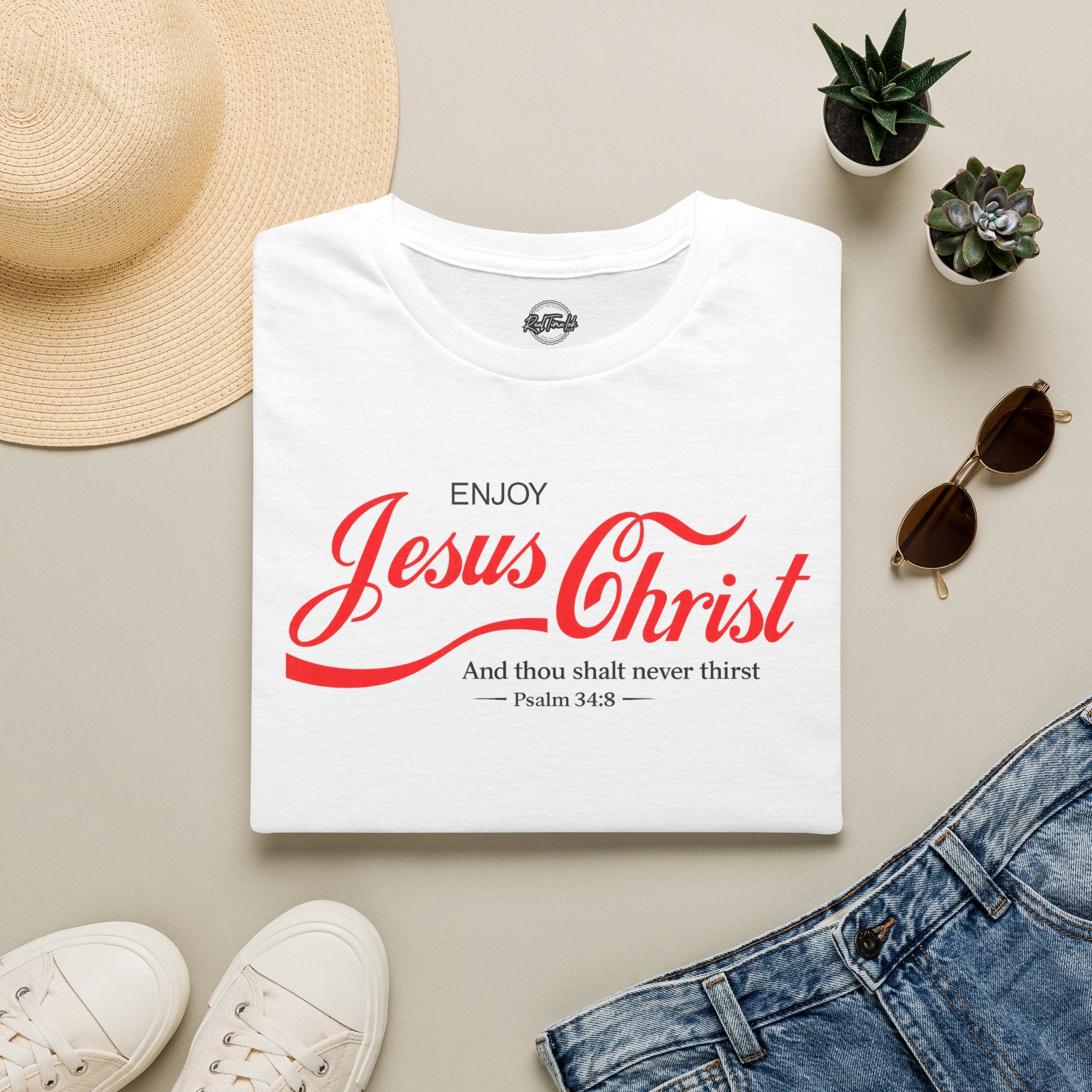 Jesus Christ T-Shirt — "Enjoy Jesus Christ" Psalm 34:8 Faith Tee