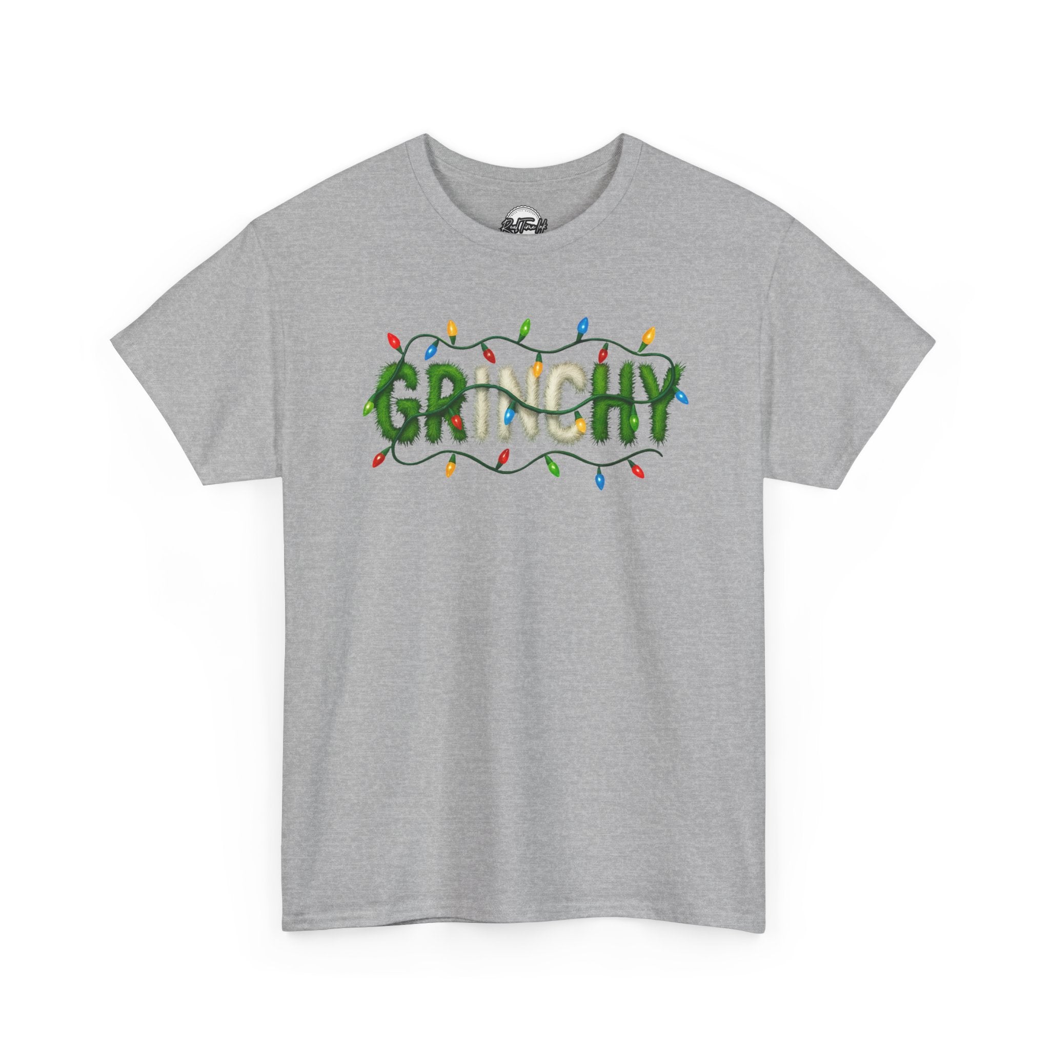 Grinchy Christmas Tee — 'Grinchy' Text with Holiday Lights
