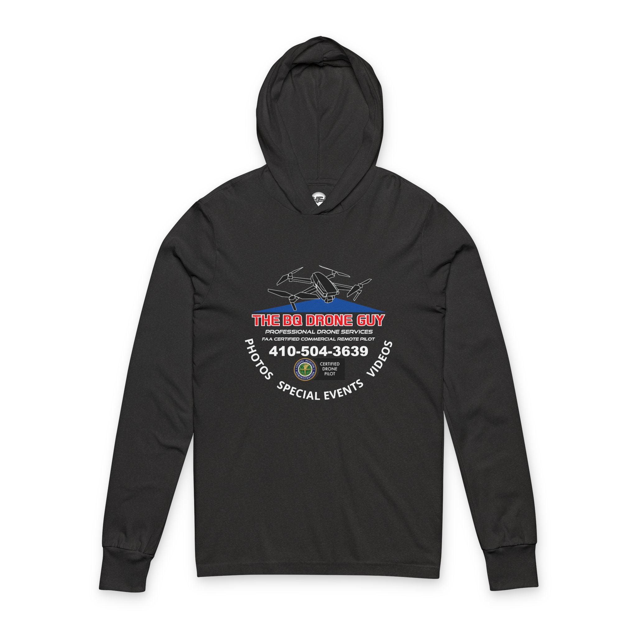 The BQ Drone Guy Hooded Long Sleeve Tee — Drone Shirt with Phone & Services
