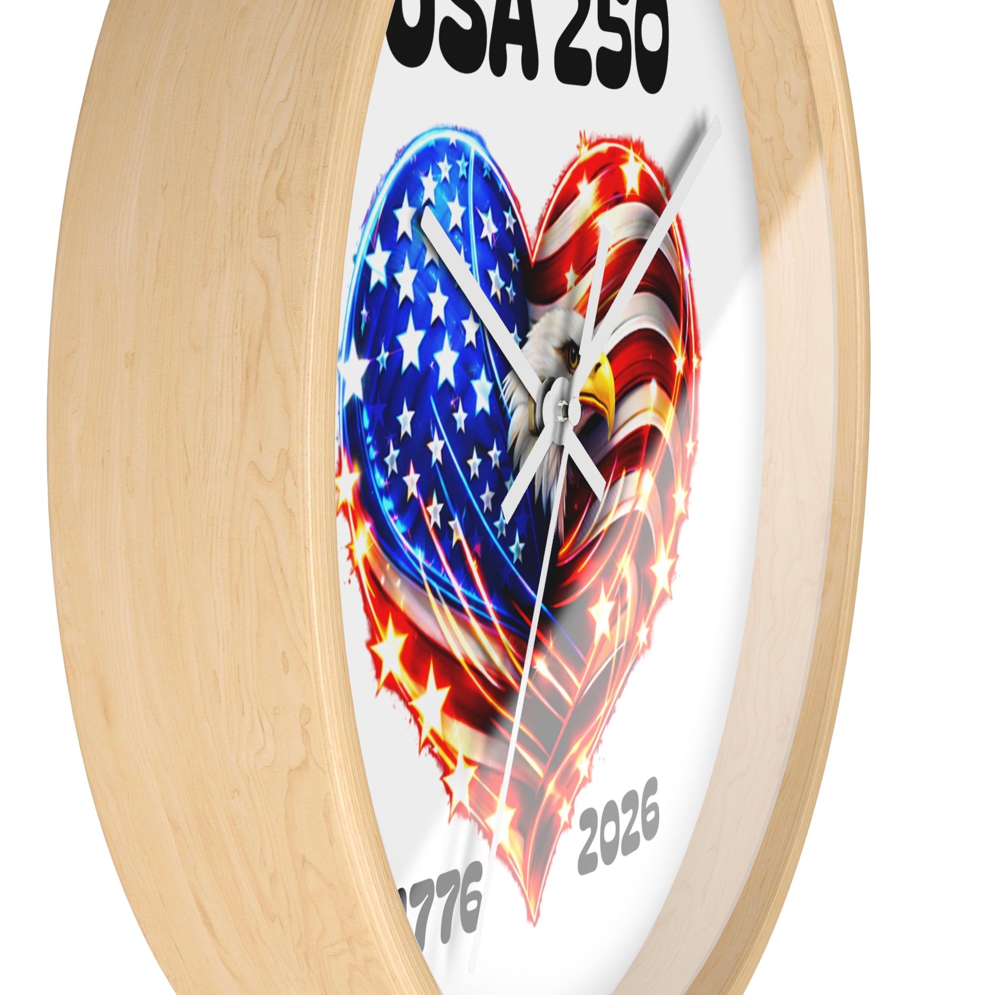 USA 250 Patriotic Wall Clock — 1776–2026 American Flag Heart with Bald Eagle