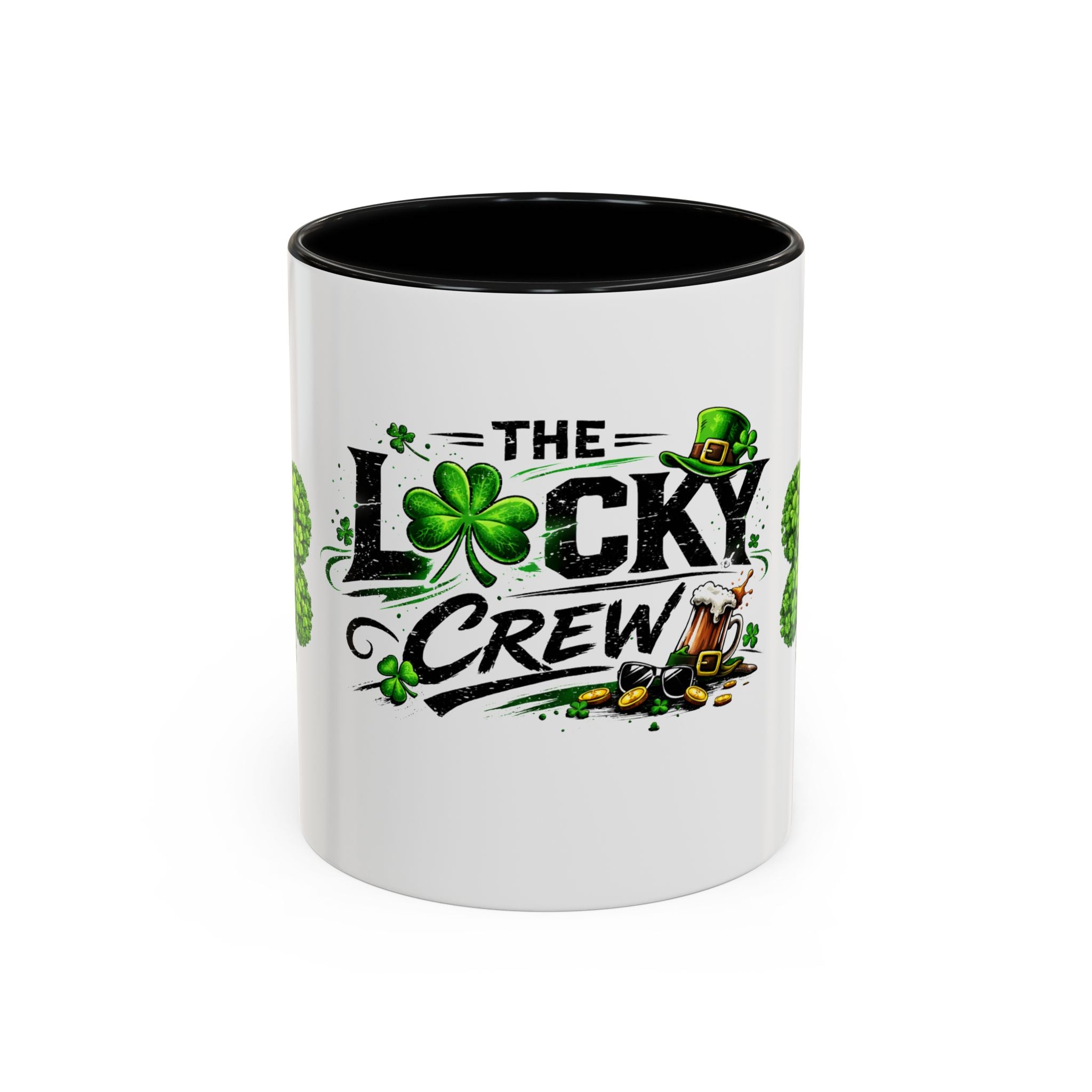 St. Patrick's 'The Lucky Crew' Accent Coffee Mug – Clover & Beer Shamrock Design (11/15 oz)