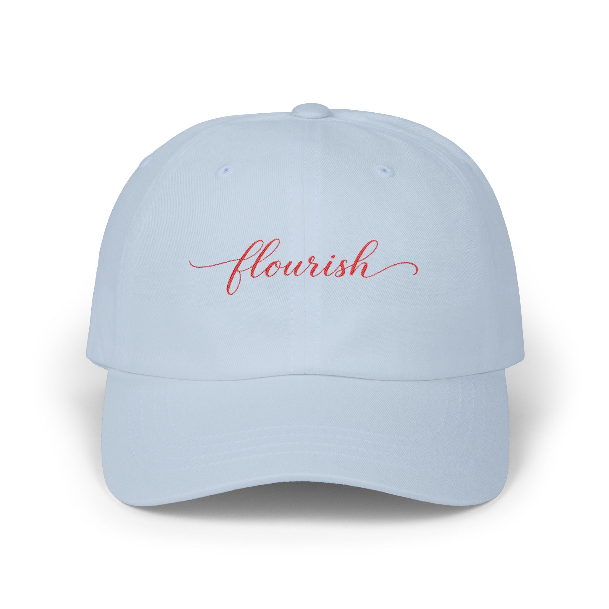 Flourish Embroidered Dad Cap — White Script Baseball Hat