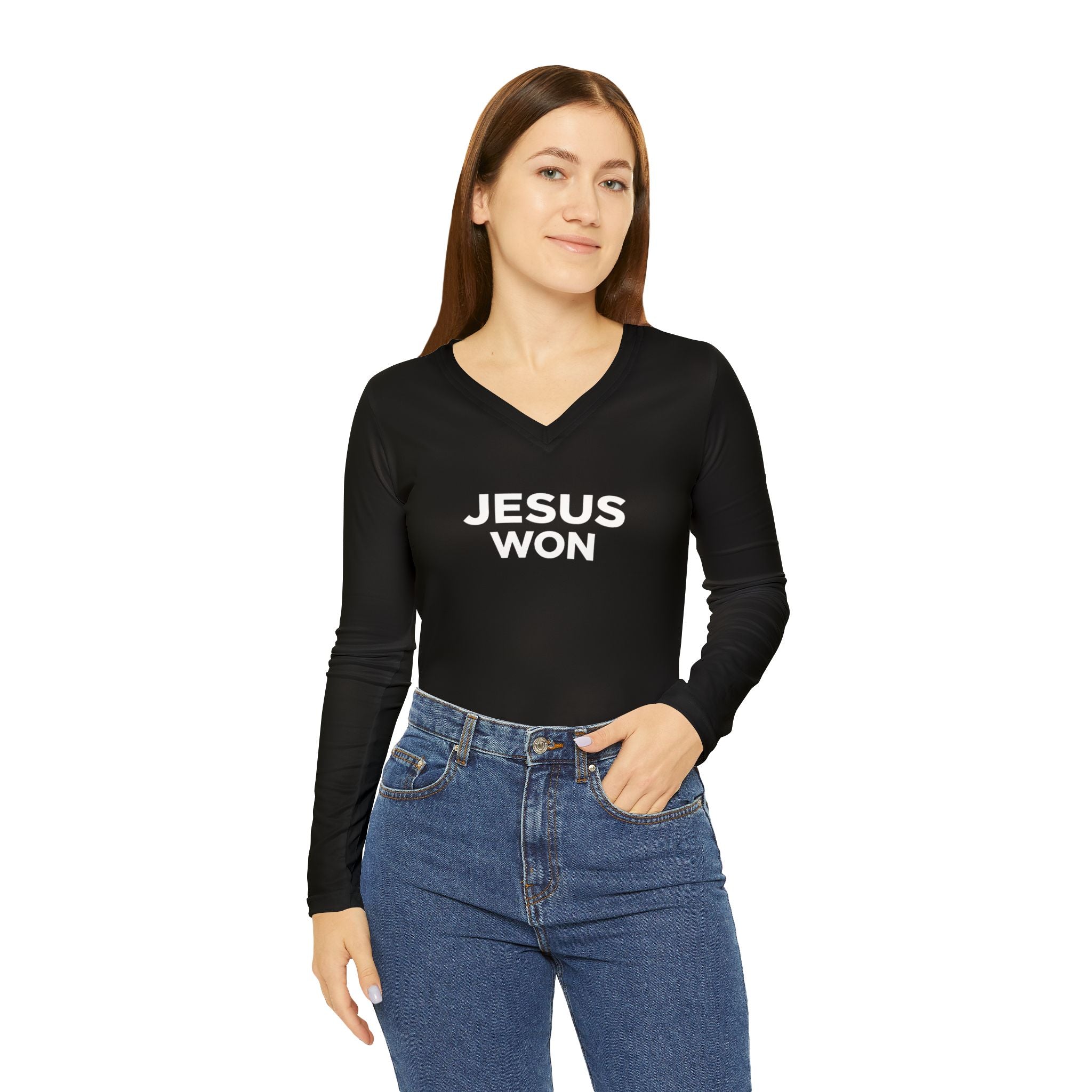 Jesus Won Long Sleeve V-Neck Shirt — Christian Faith Graphic