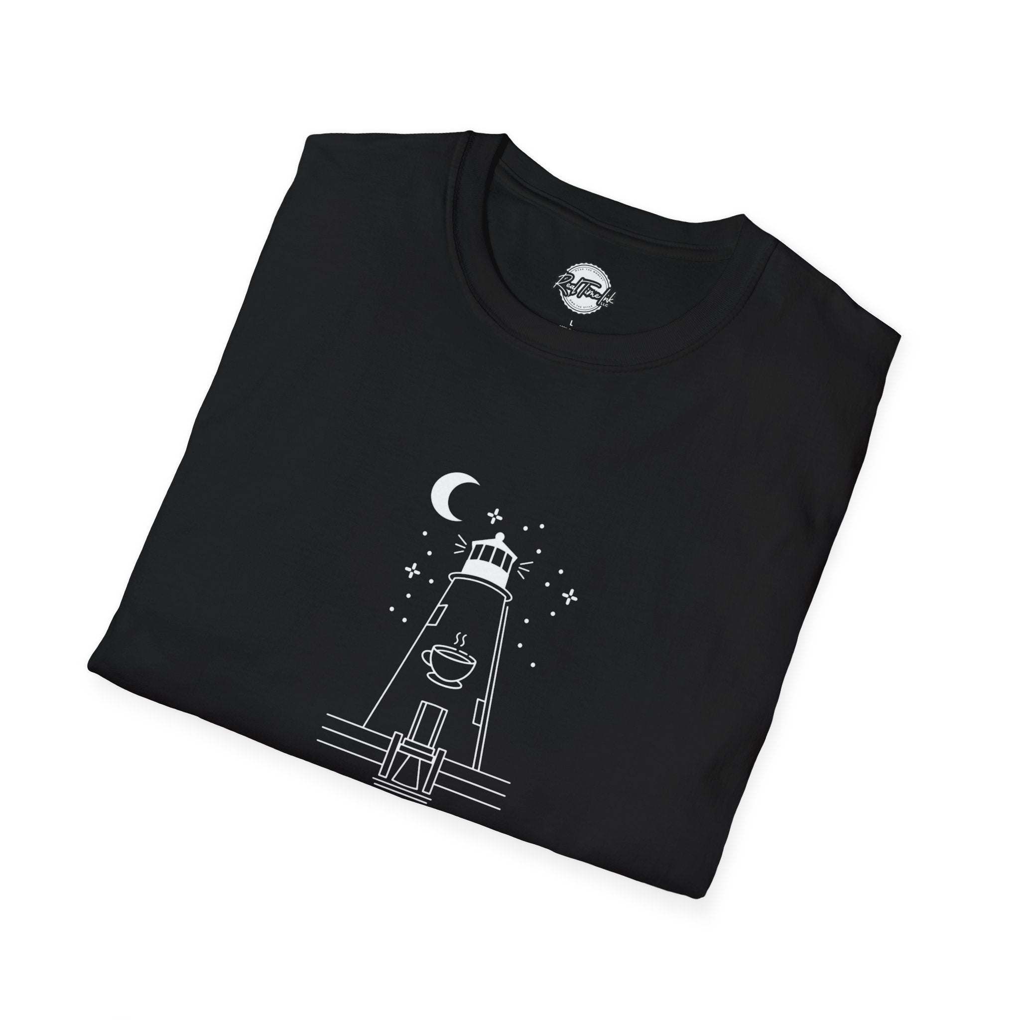 Concord Point Coffee T-Shirt — Minimalist Lighthouse Night Scene Graphic Tee