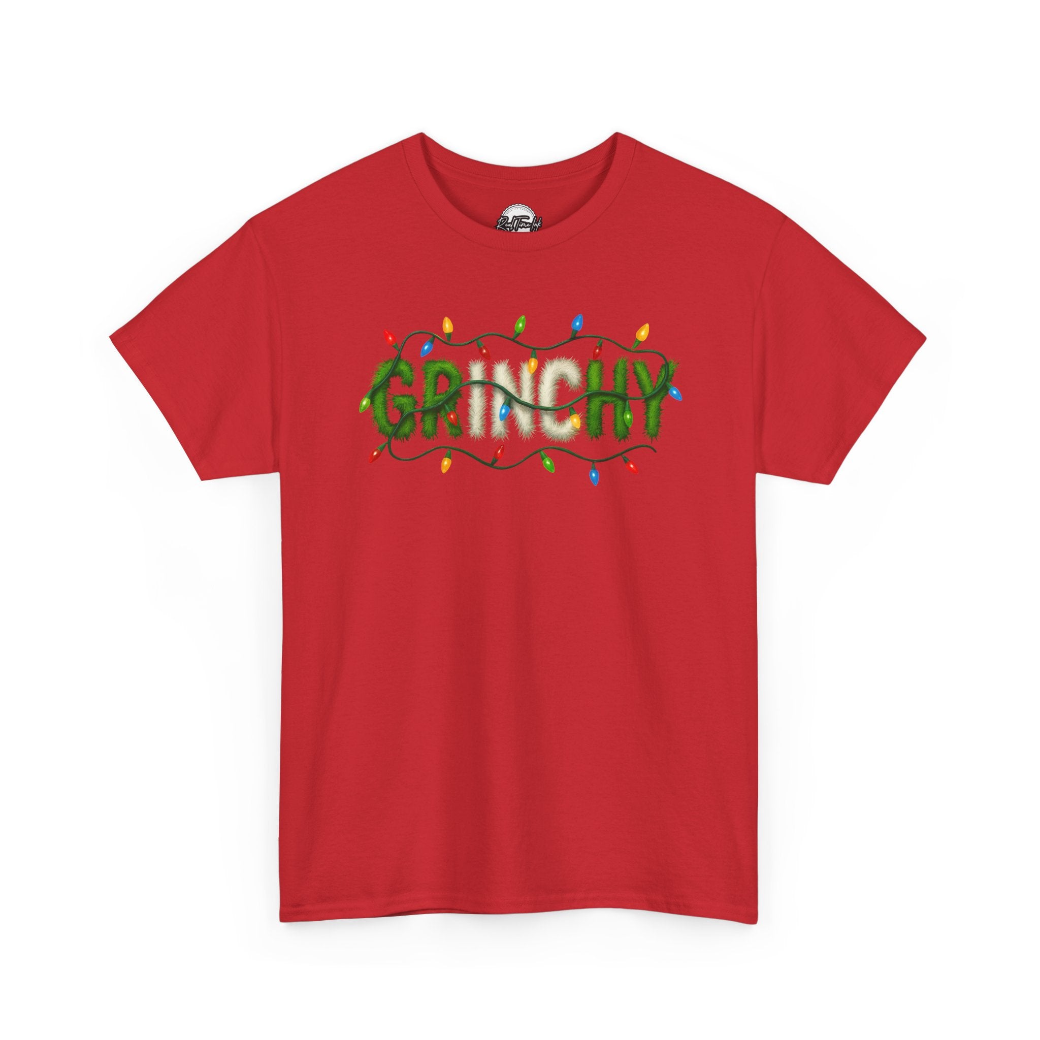 Grinchy Christmas Tee — 'Grinchy' Text with Holiday Lights