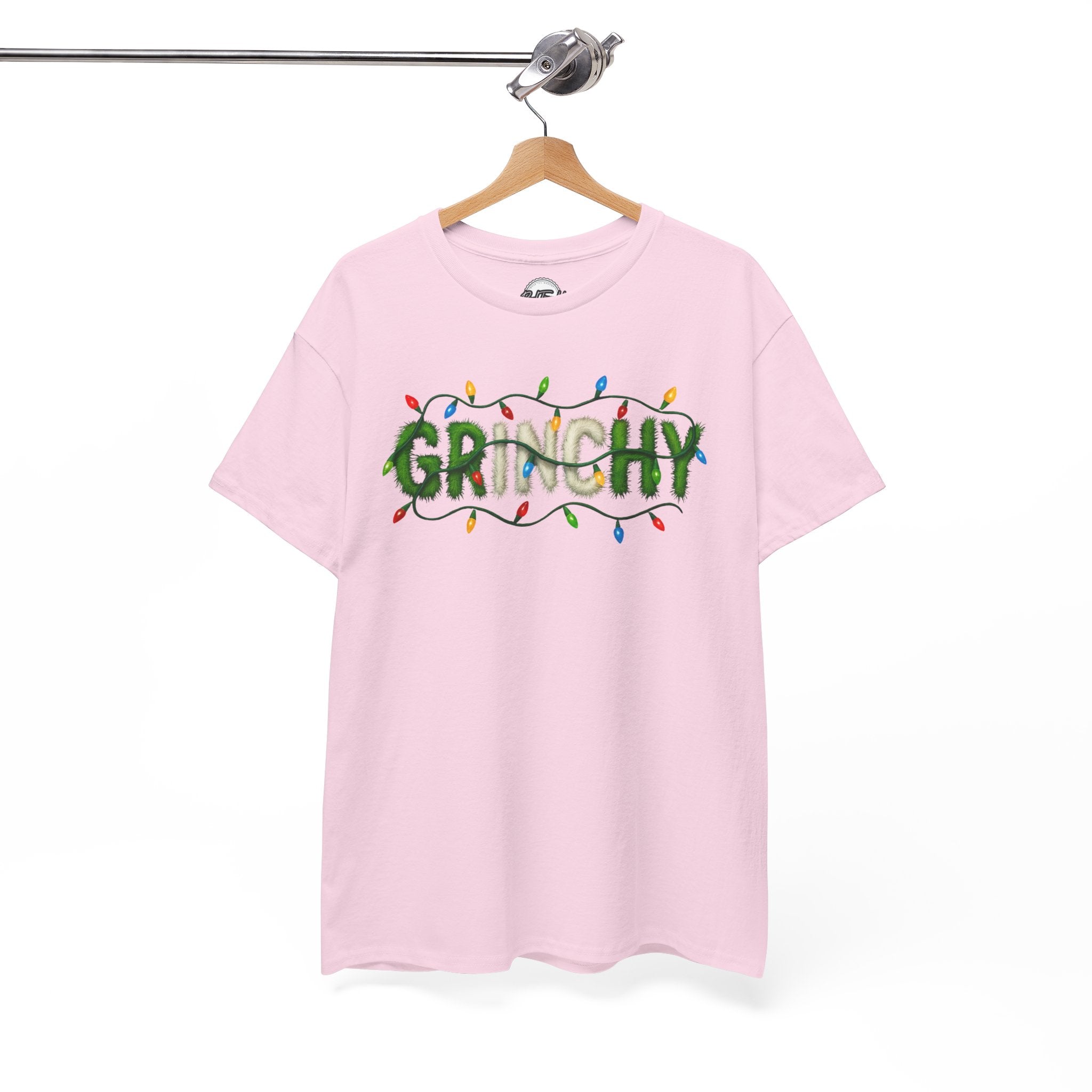 Grinchy Christmas Tee — 'Grinchy' Text with Holiday Lights