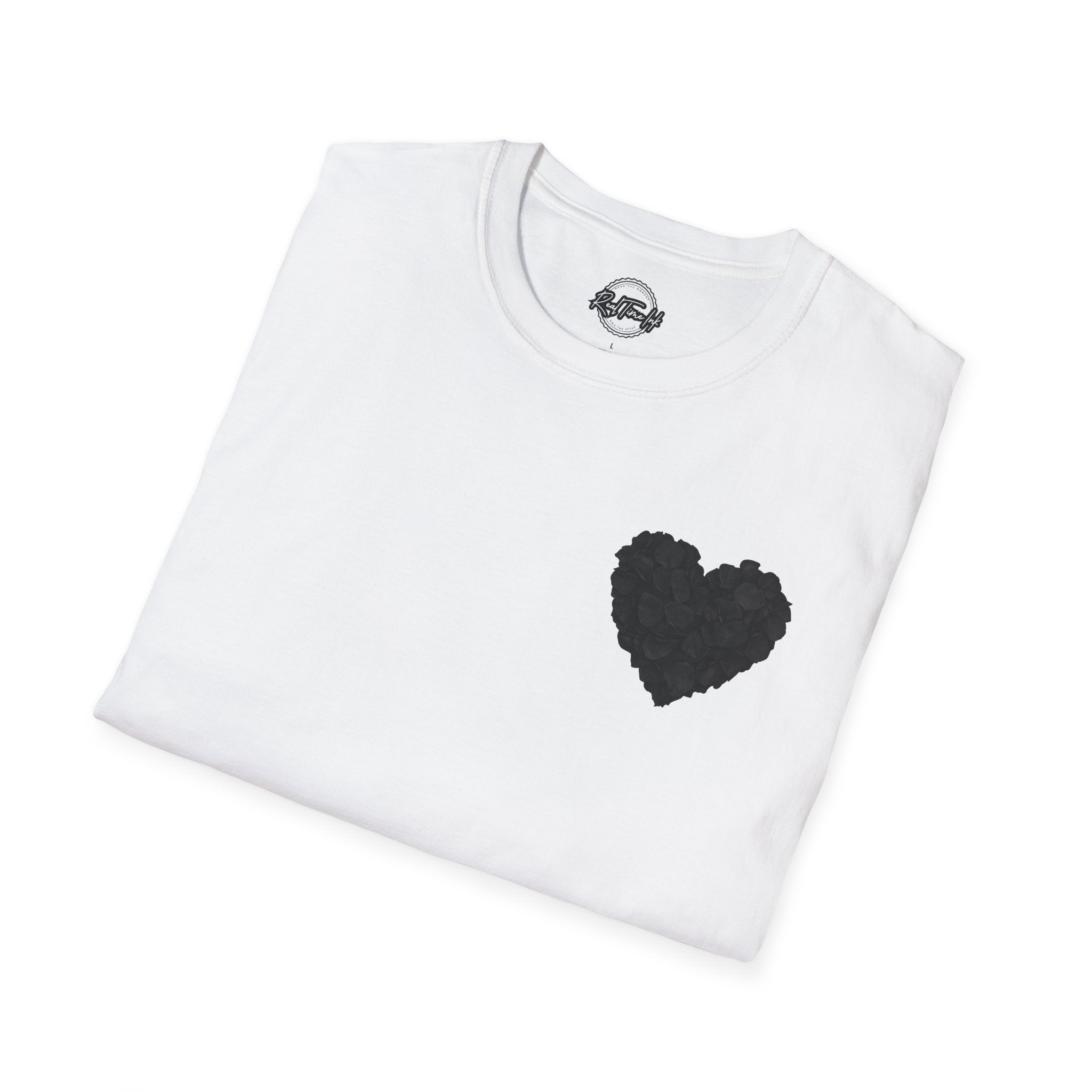 Black Rose Petal Heart T-Shirt — Minimal Floral Heart Tee for Valentine's & Everyday