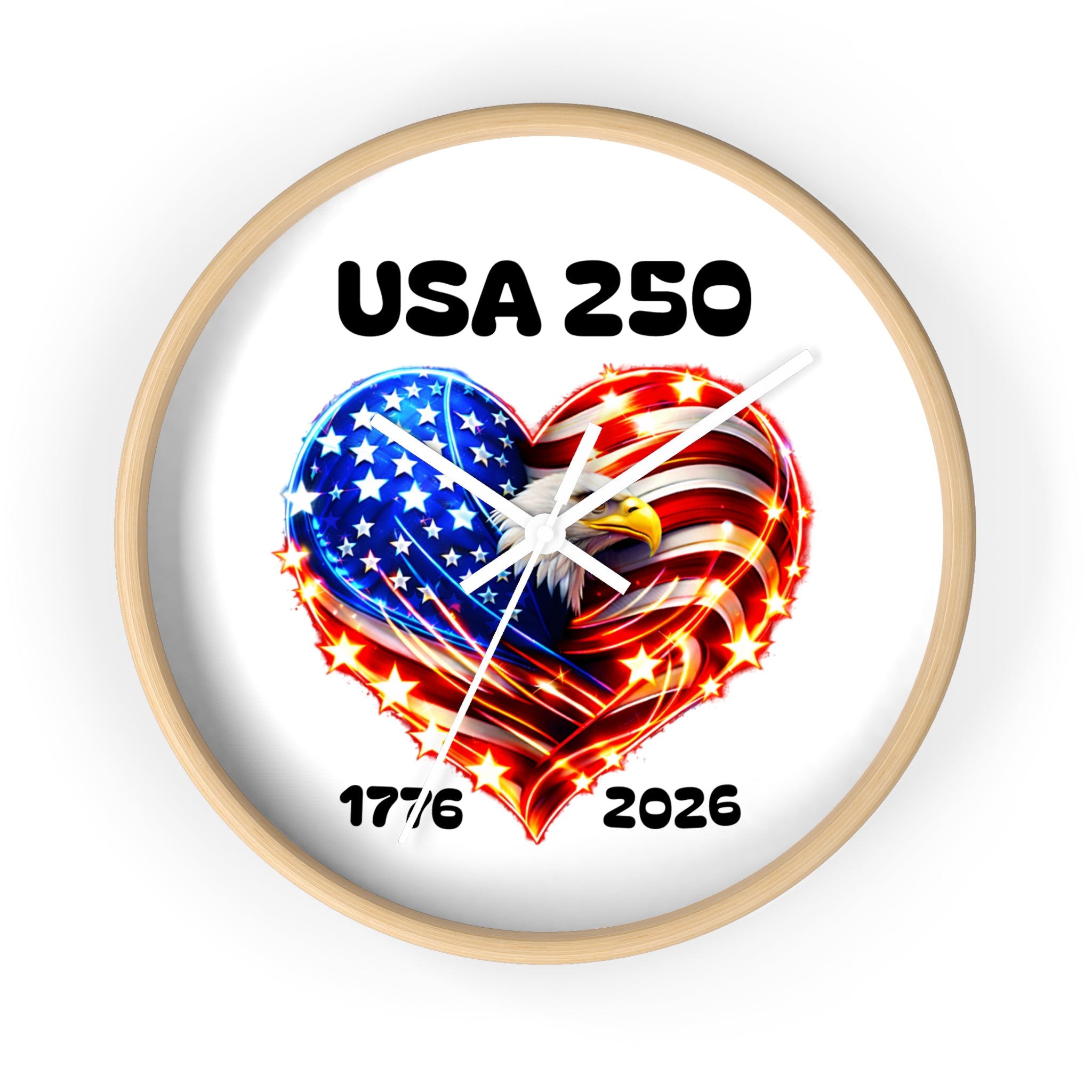 USA 250 Patriotic Wall Clock — 1776–2026 American Flag Heart with Bald Eagle