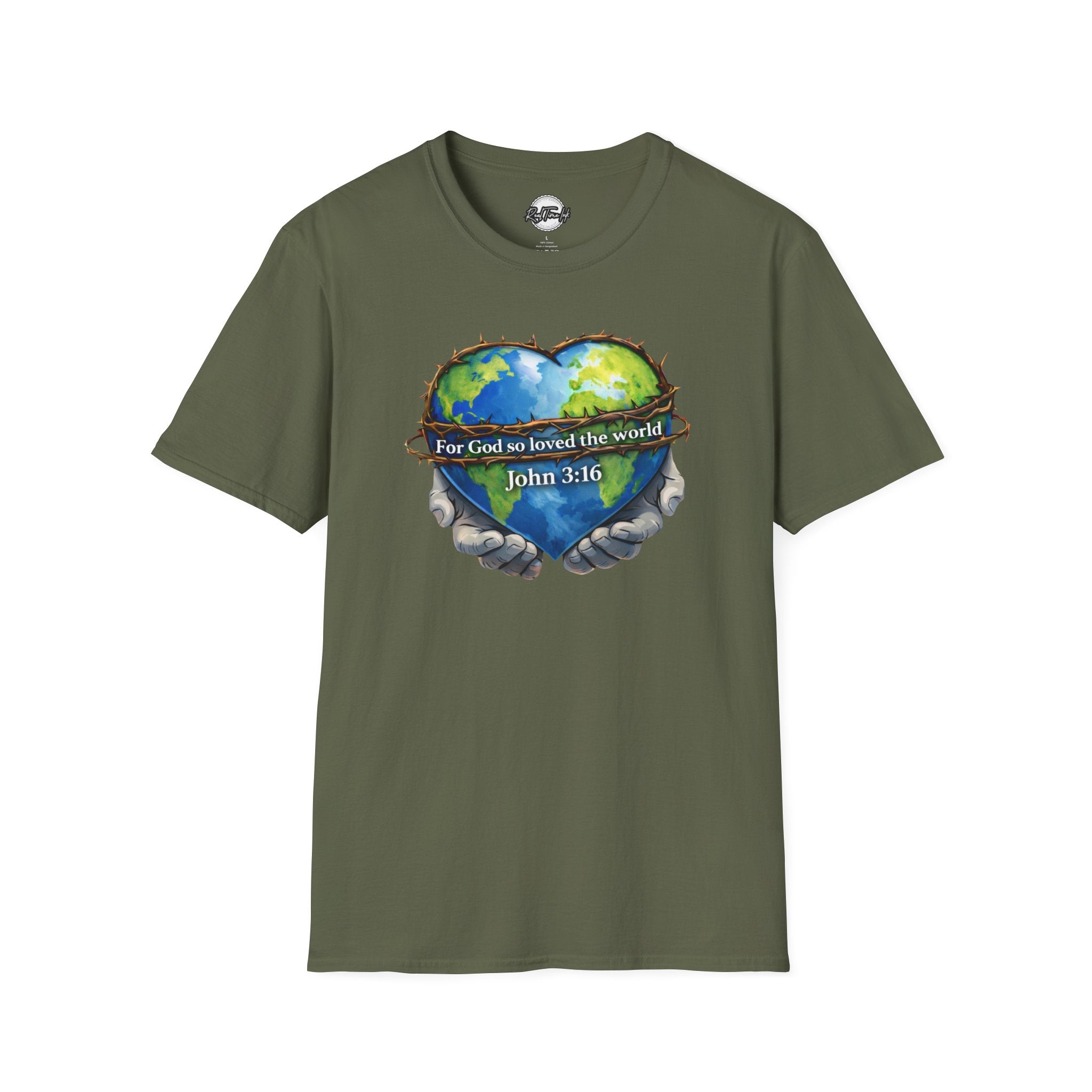 John 3:16 Heart Globe Christian T-Shirt — "For God so loved the world" Faith Tee