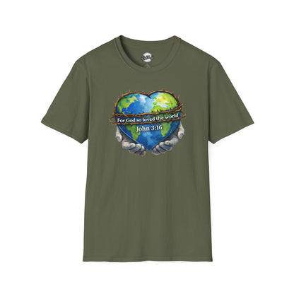 John 3:16 Heart Globe Christian T-Shirt — "For God so loved the world" Faith Tee