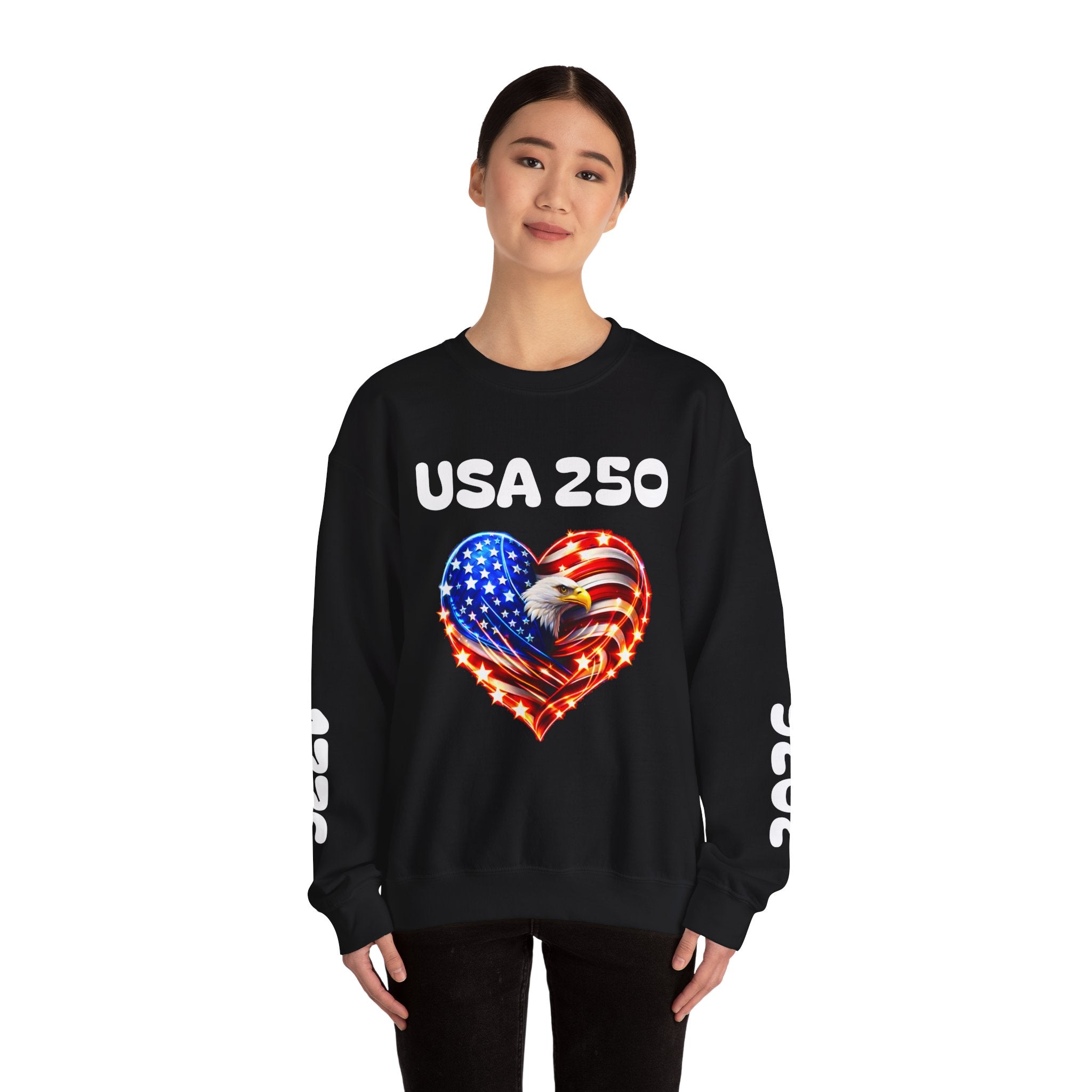 USA 250 Patriotic Crewneck Sweatshirt — American Flag Heart & Eagle Design