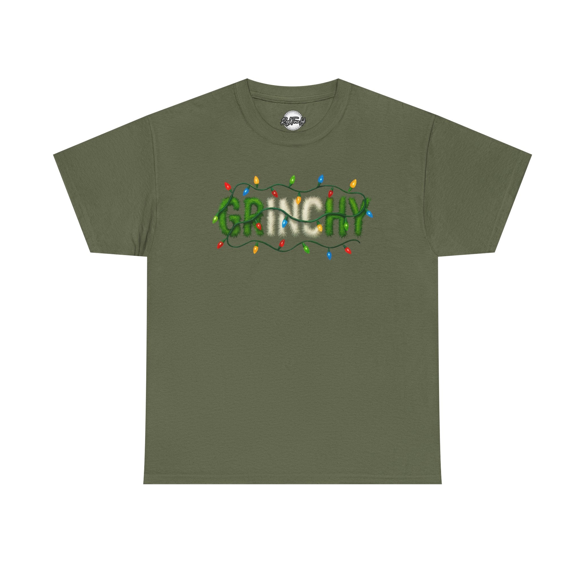 Grinchy Christmas Tee — 'Grinchy' Text with Holiday Lights