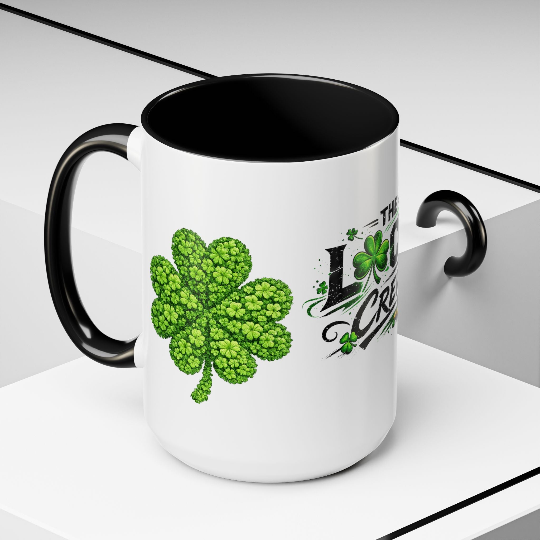 St. Patrick's 'The Lucky Crew' Accent Coffee Mug – Clover & Beer Shamrock Design (11/15 oz)