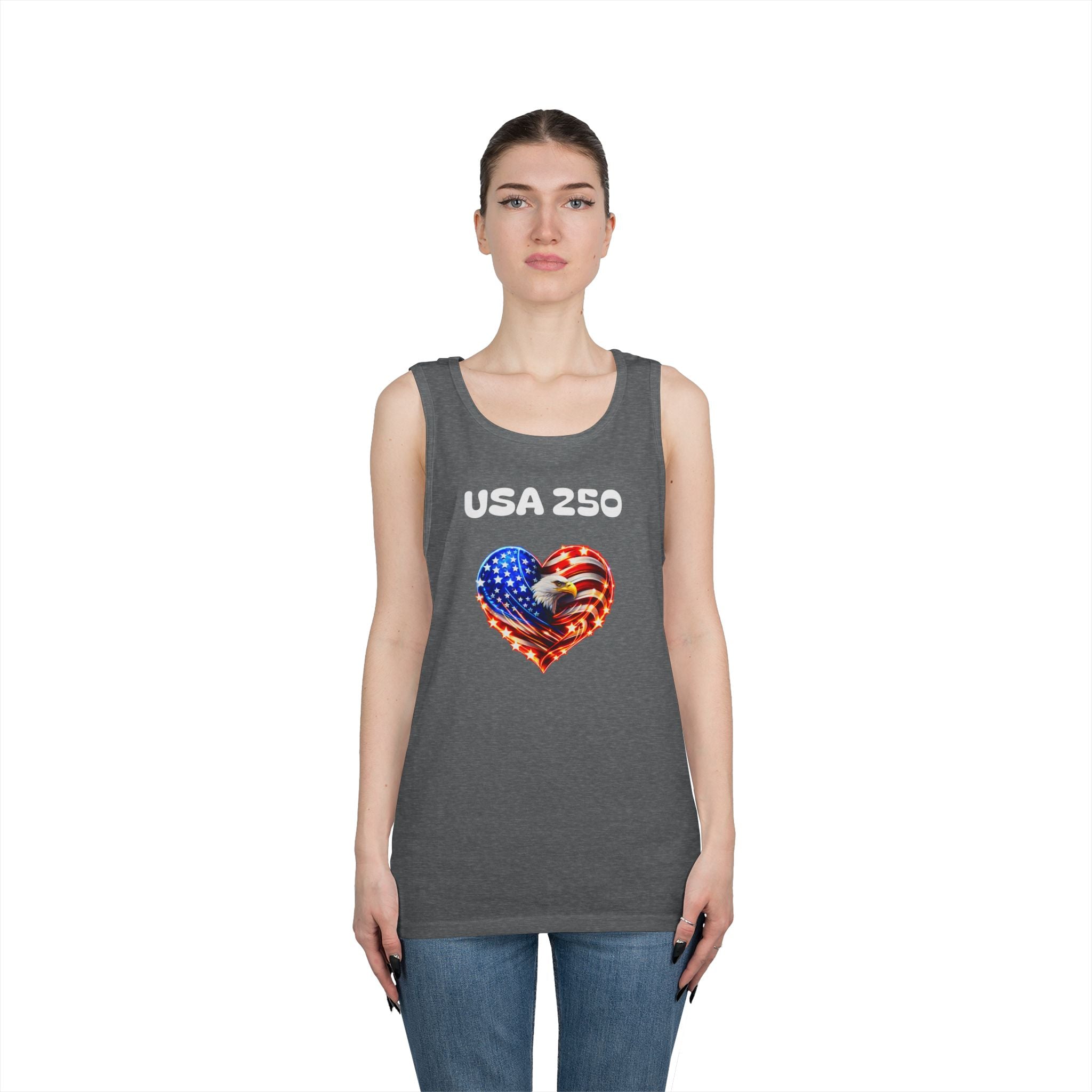 USA 250 Heart Tank Top — Patriotic American Flag Sleeveless Shirt