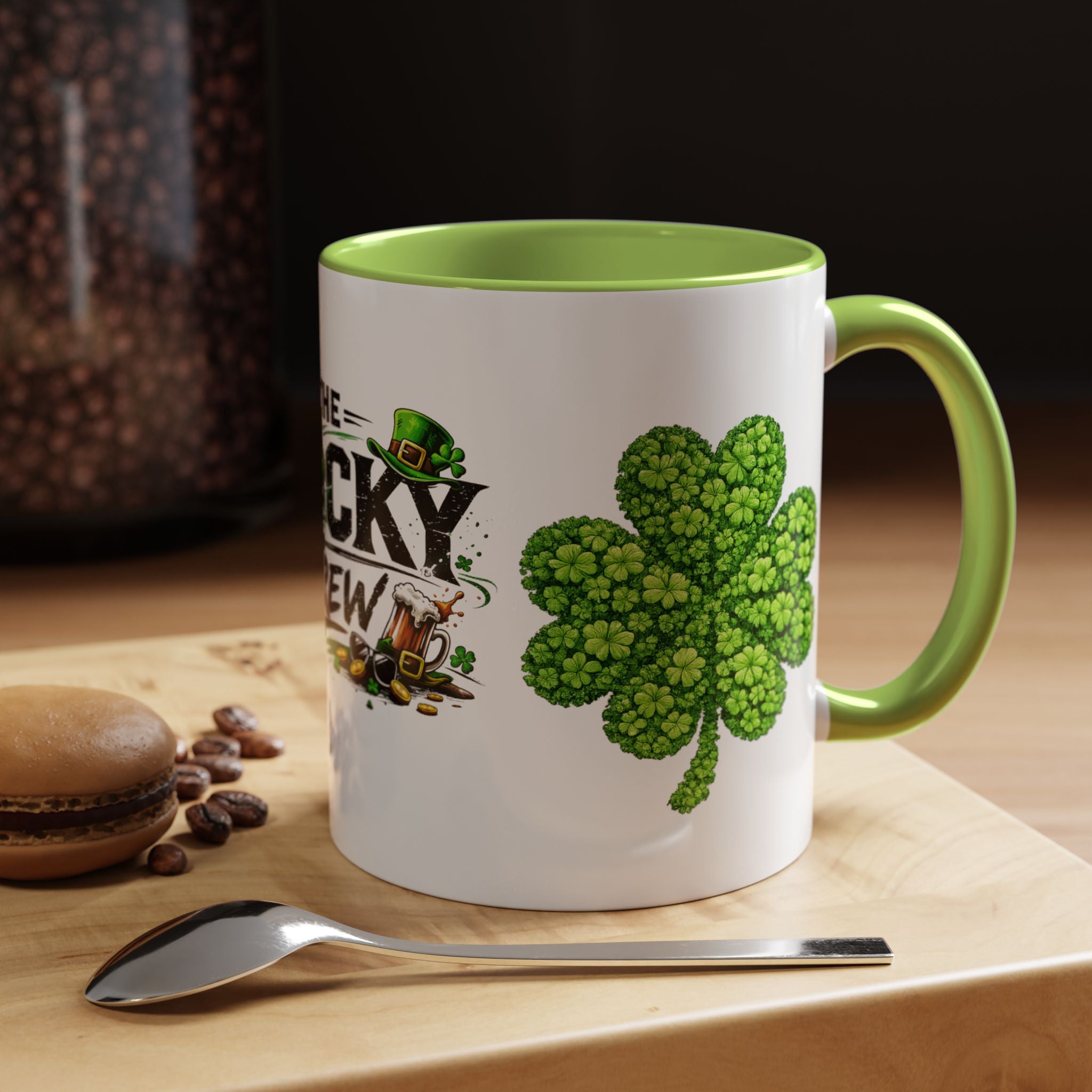 St. Patrick's 'The Lucky Crew' Accent Coffee Mug – Clover & Beer Shamrock Design (11/15 oz)