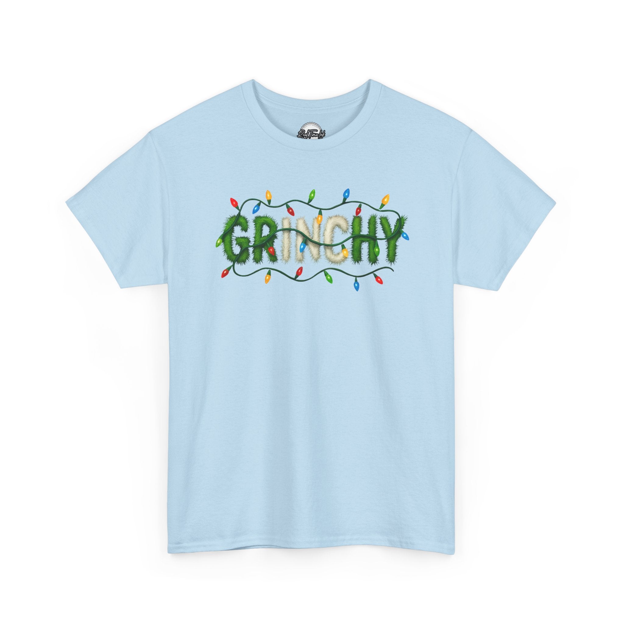 Grinchy Christmas Tee — 'Grinchy' Text with Holiday Lights
