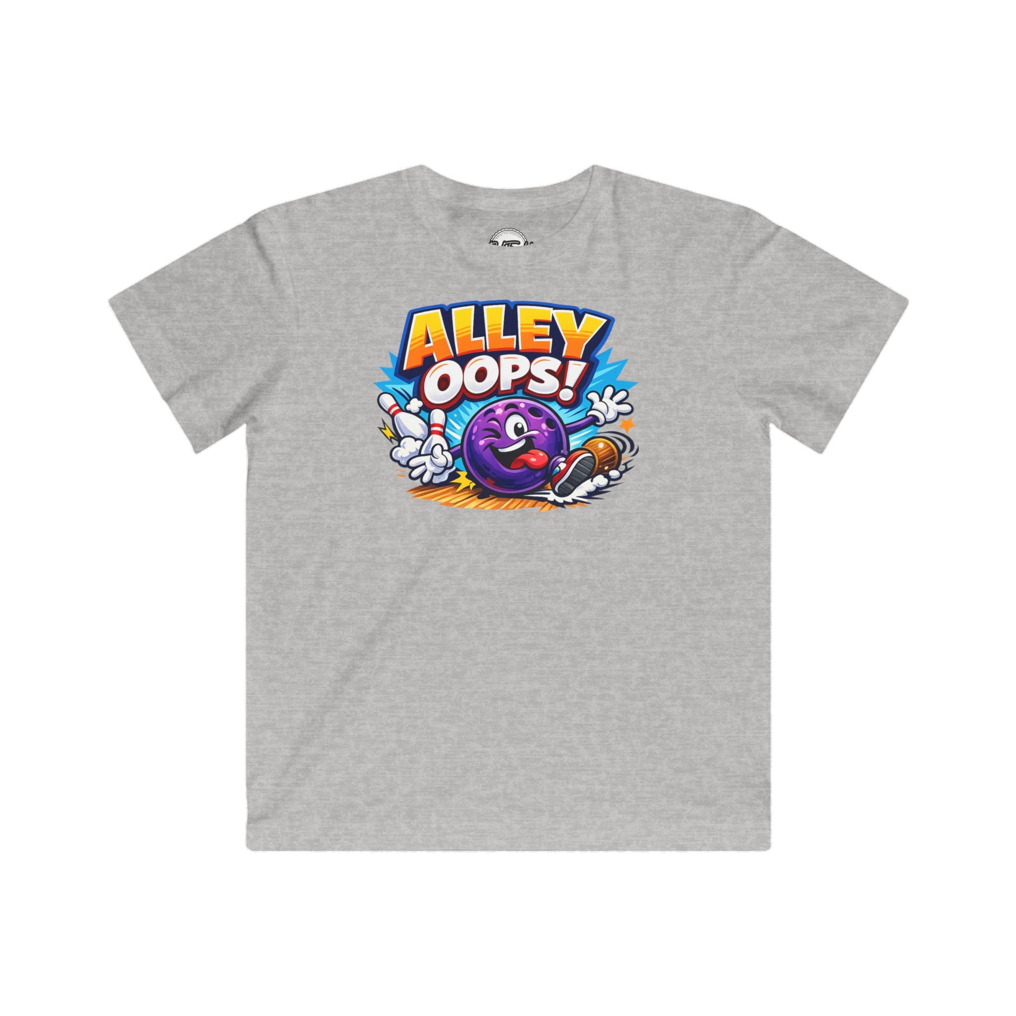 Kids Bowling Tee — "Alley Oops!" Cartoon Bowling Ball with Personalized Name & Number