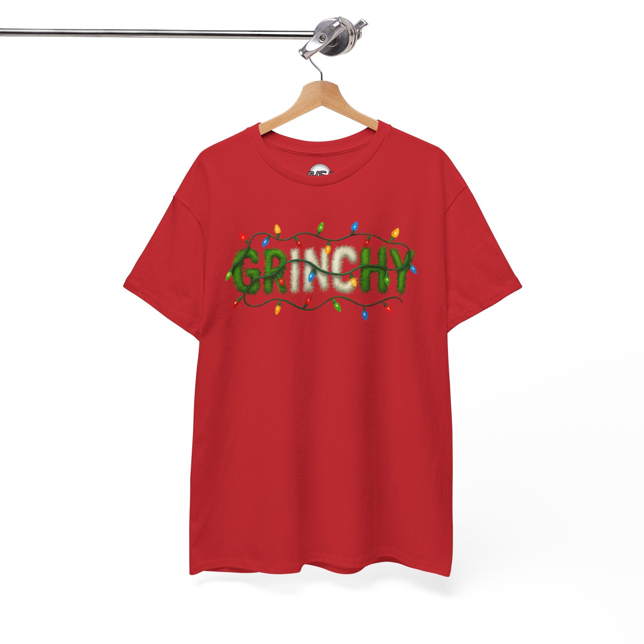 Grinchy Christmas Tee — 'Grinchy' Text with Holiday Lights
