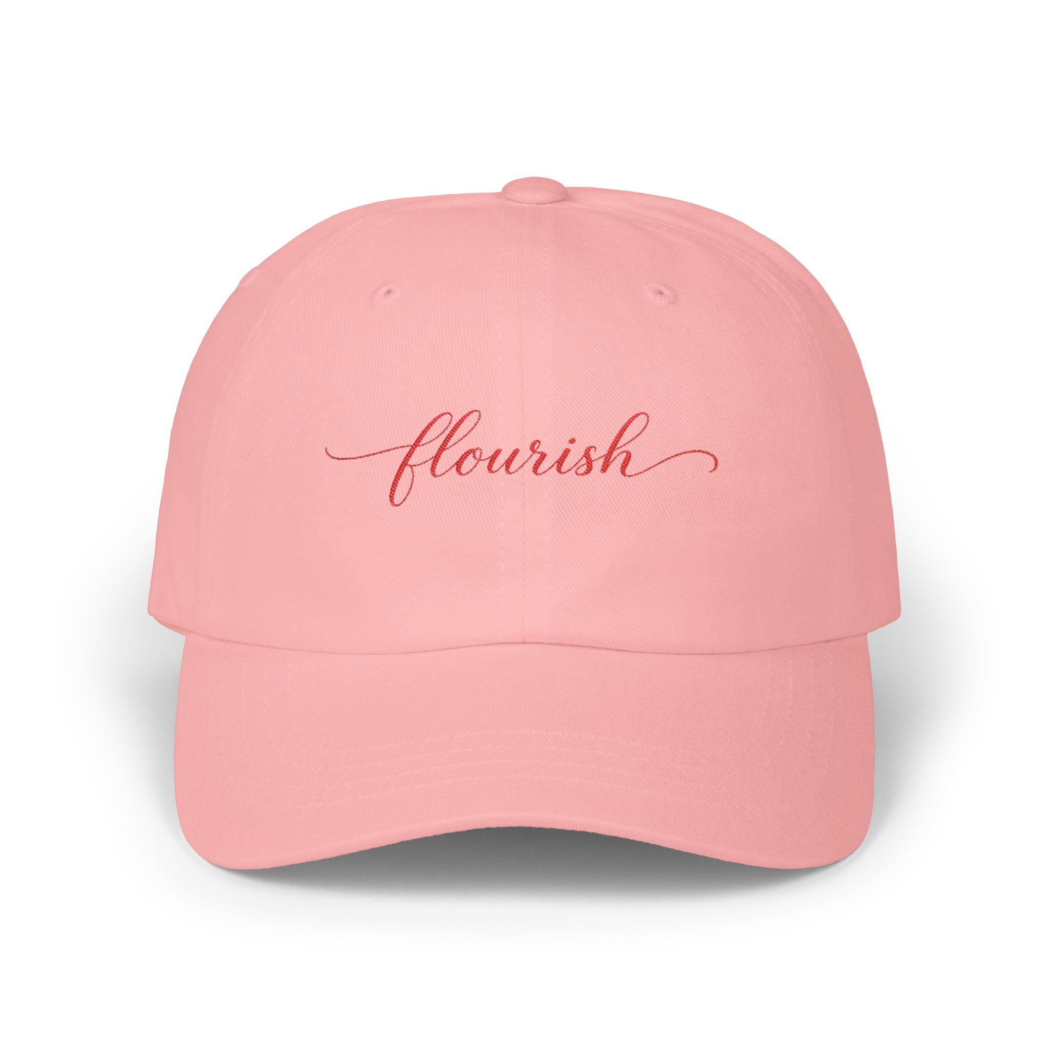 Flourish Embroidered Dad Cap — White Script Baseball Hat