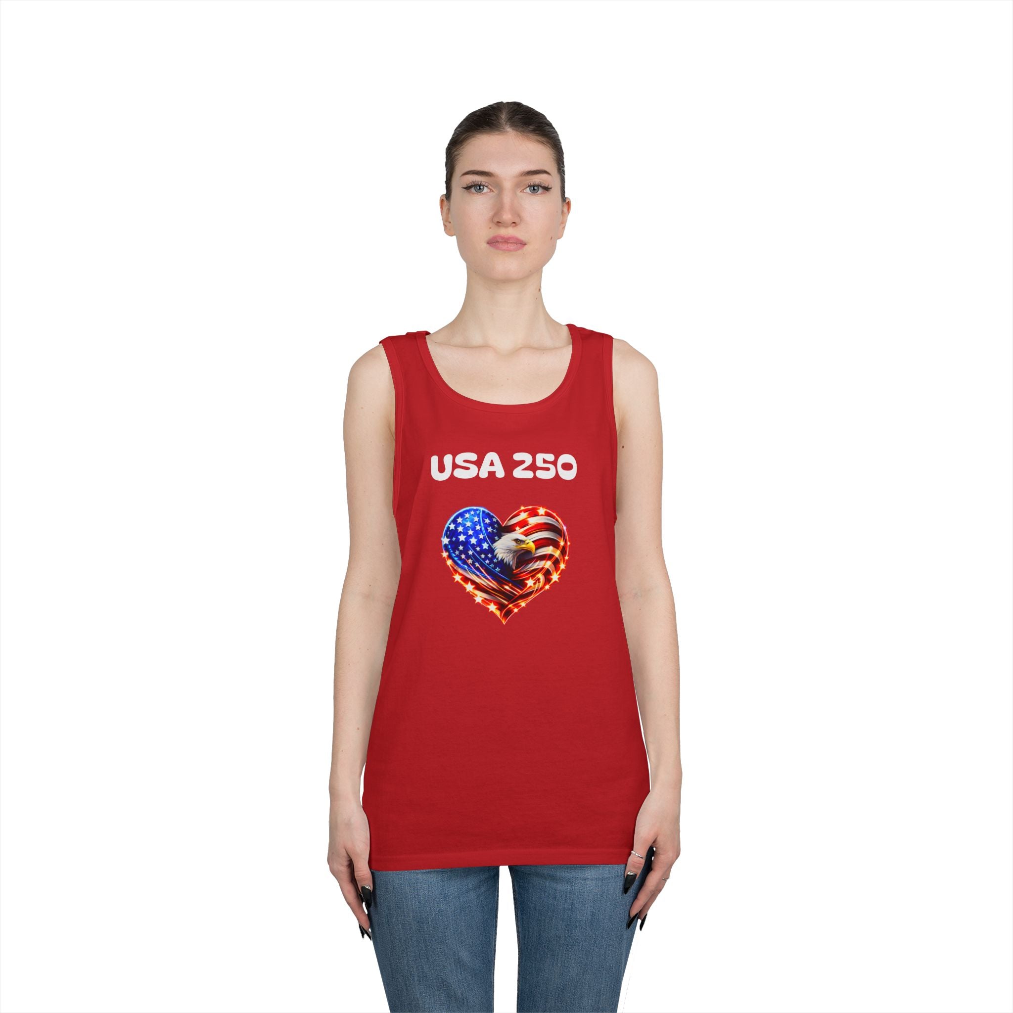 USA 250 Heart Tank Top — Patriotic American Flag Sleeveless Shirt