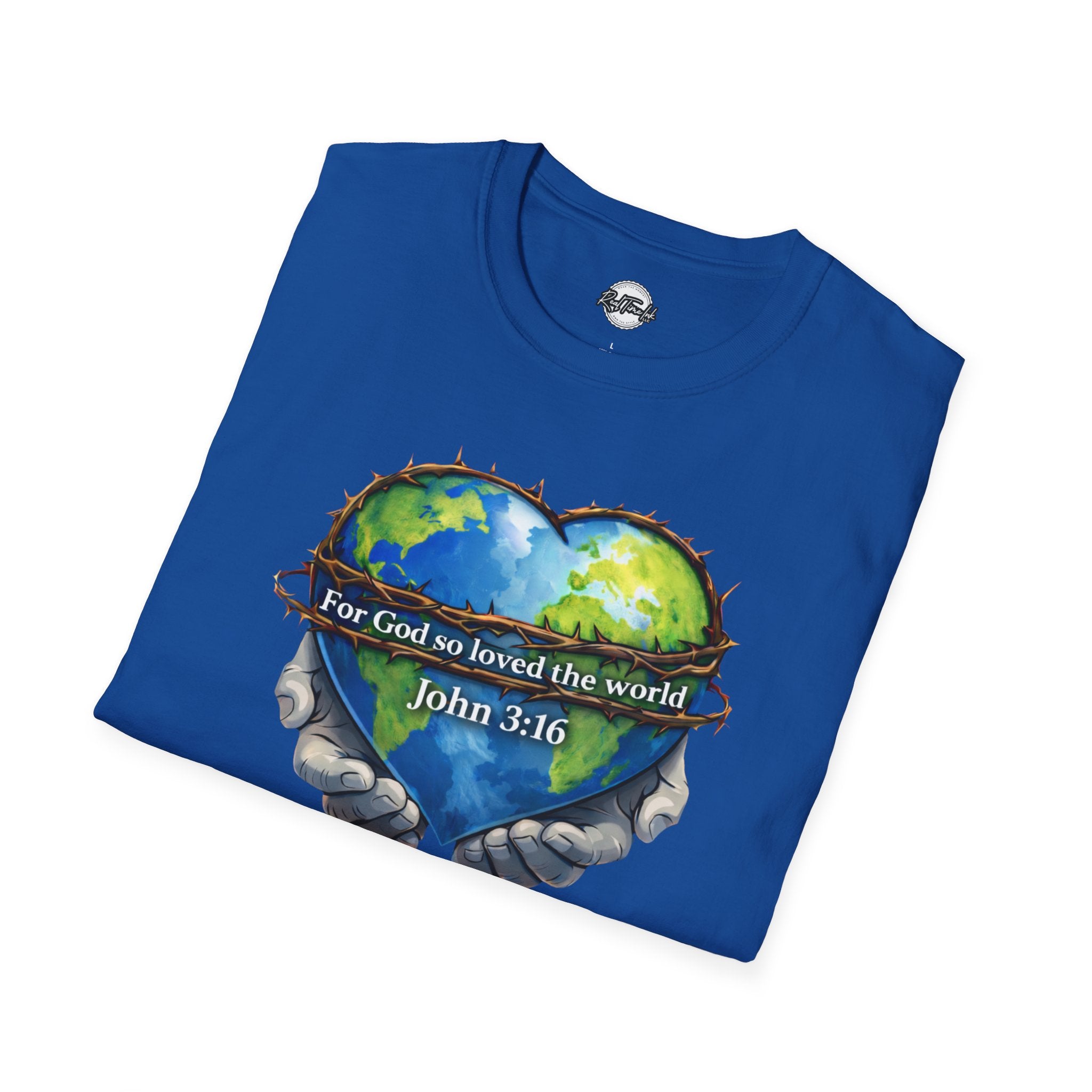 John 3:16 Heart Globe Christian T-Shirt — "For God so loved the world" Faith Tee