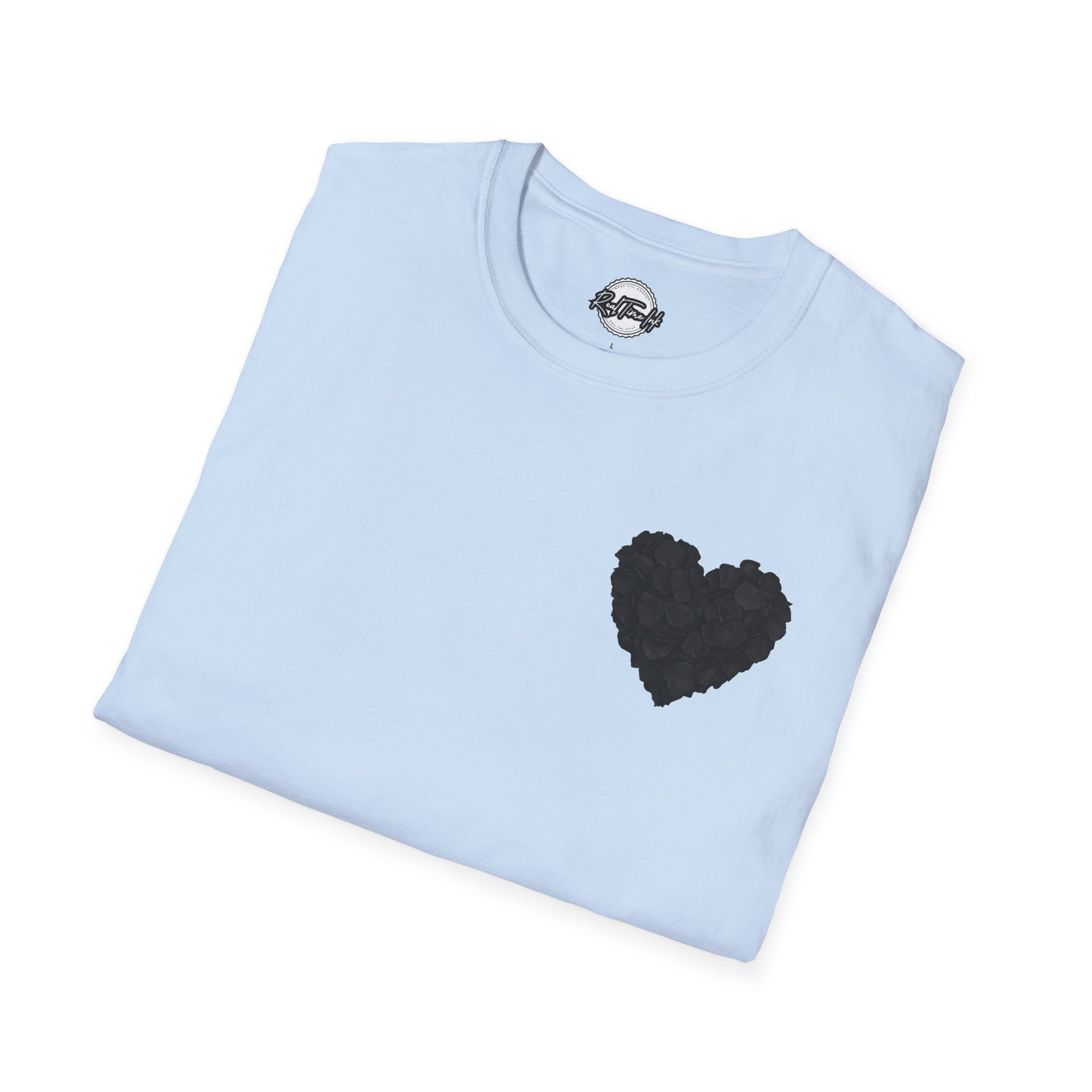 Black Rose Petal Heart T-Shirt — Minimal Floral Heart Tee for Valentine's & Everyday