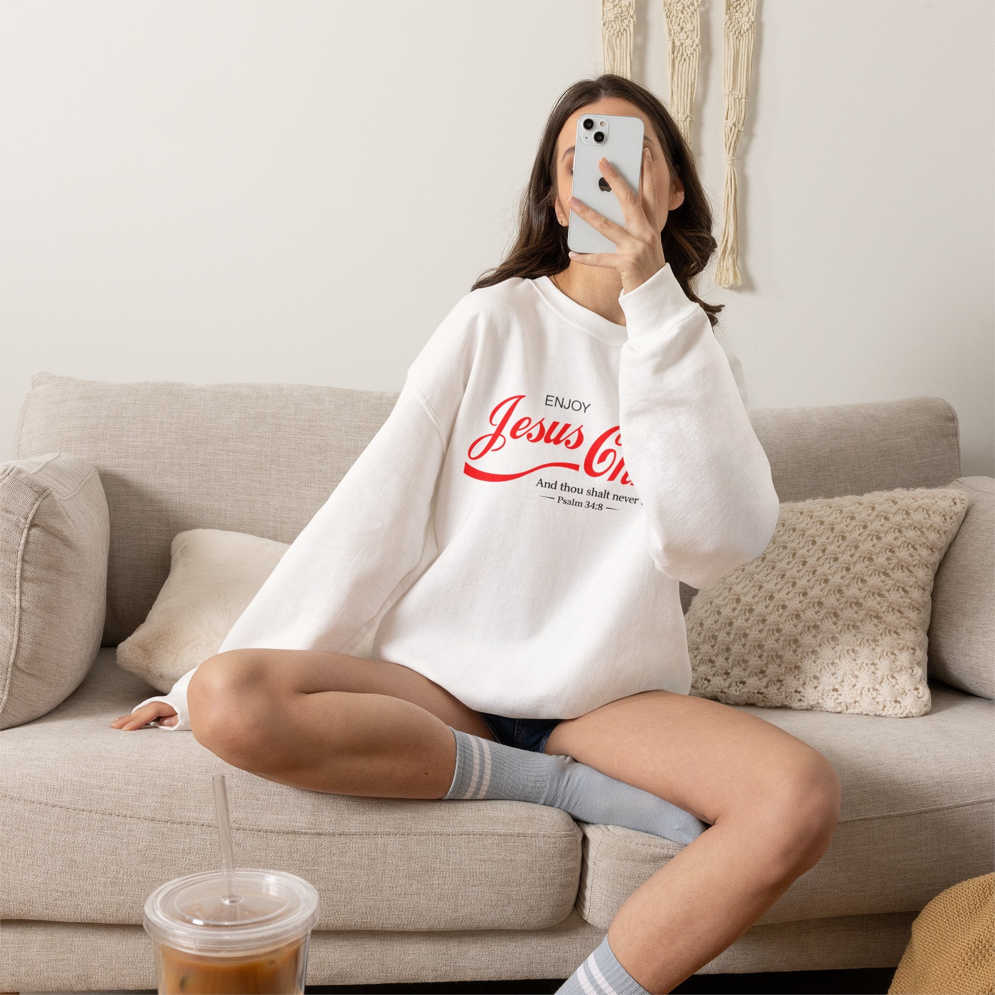 Enjoy Jesus Christ Crewneck Sweatshirt — Inspirational Christian Faith Sweatshirt (Psalm 34:8)
