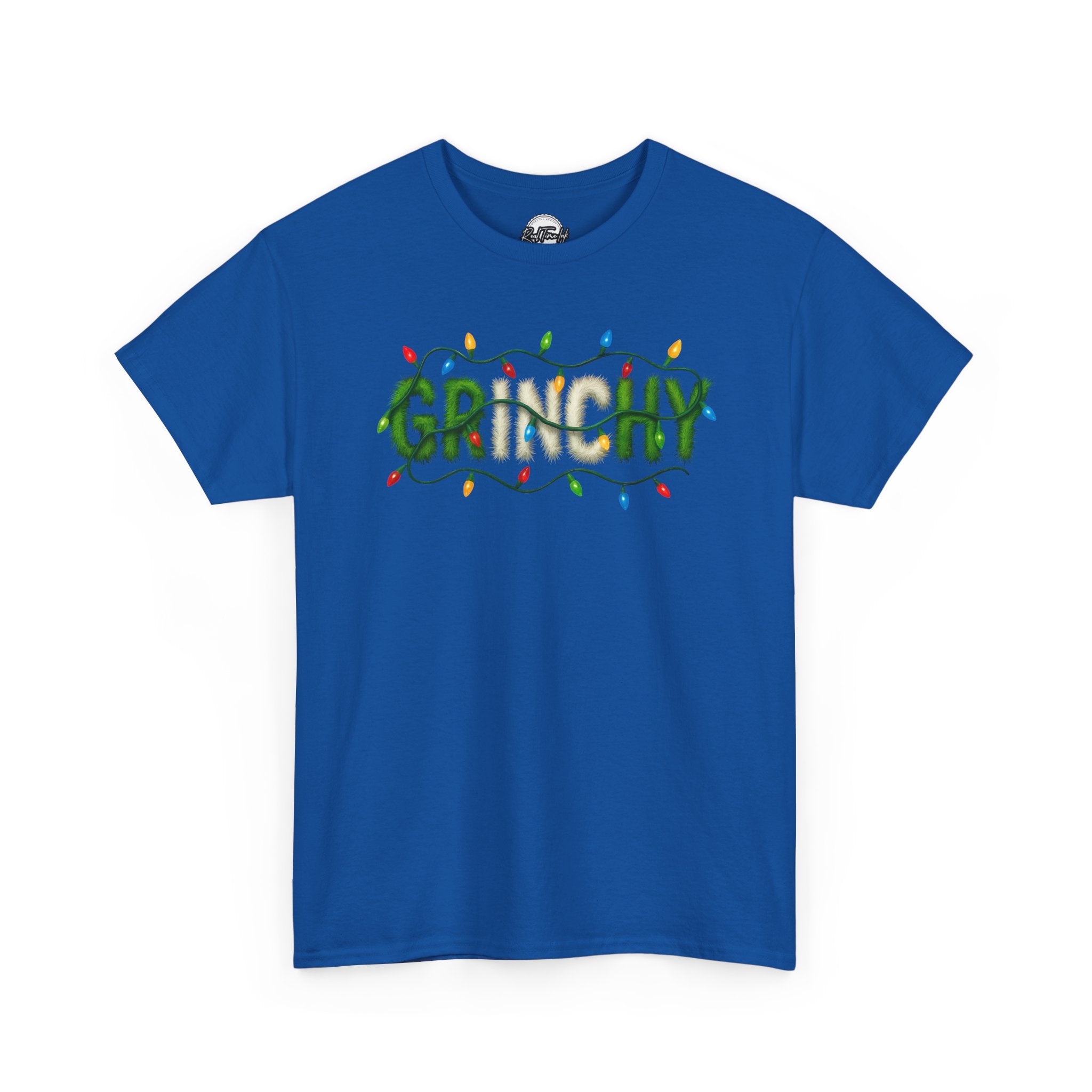 Grinchy Christmas Tee — 'Grinchy' Text with Holiday Lights