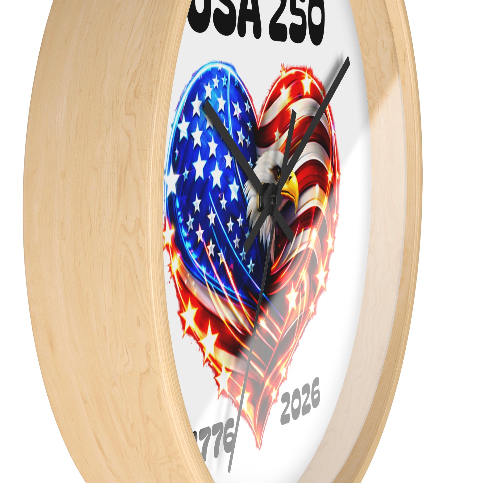 USA 250 Patriotic Wall Clock — 1776–2026 American Flag Heart with Bald Eagle