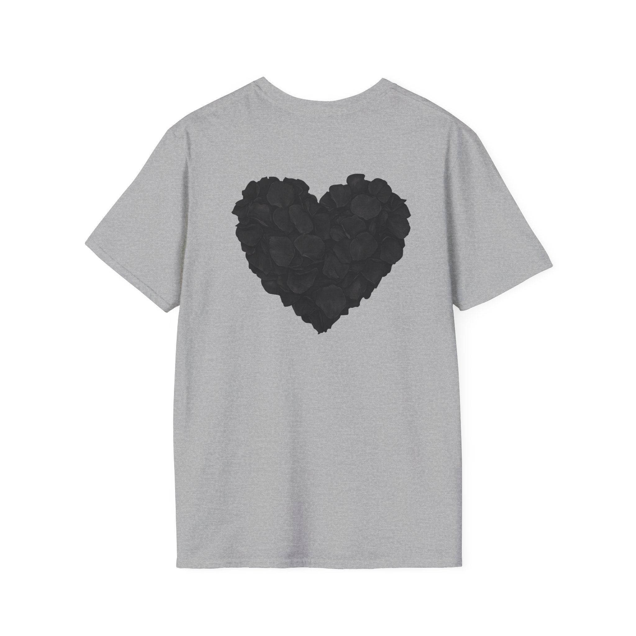 Black Rose Petal Heart T-Shirt — Minimal Floral Heart Tee for Valentine's & Everyday