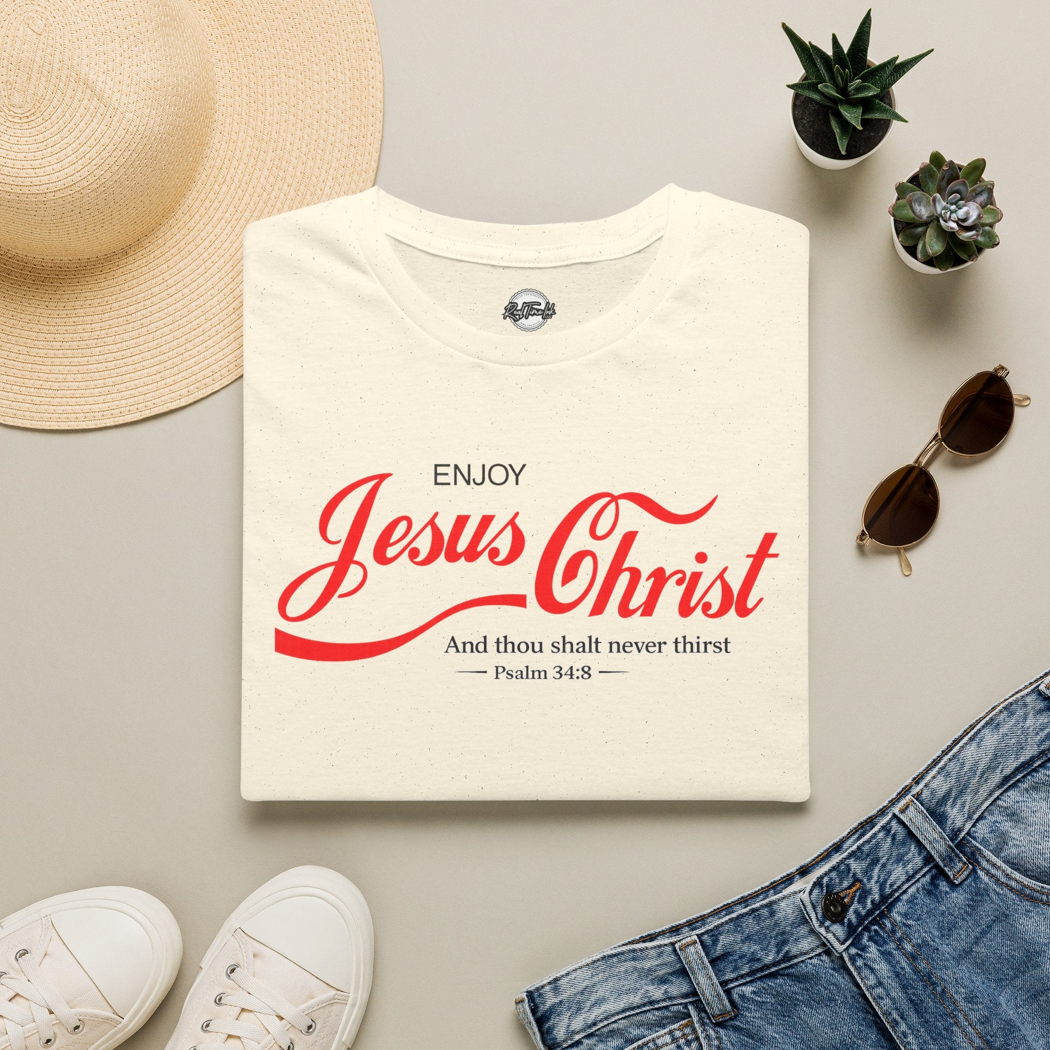 Jesus Christ T-Shirt — "Enjoy Jesus Christ" Psalm 34:8 Faith Tee