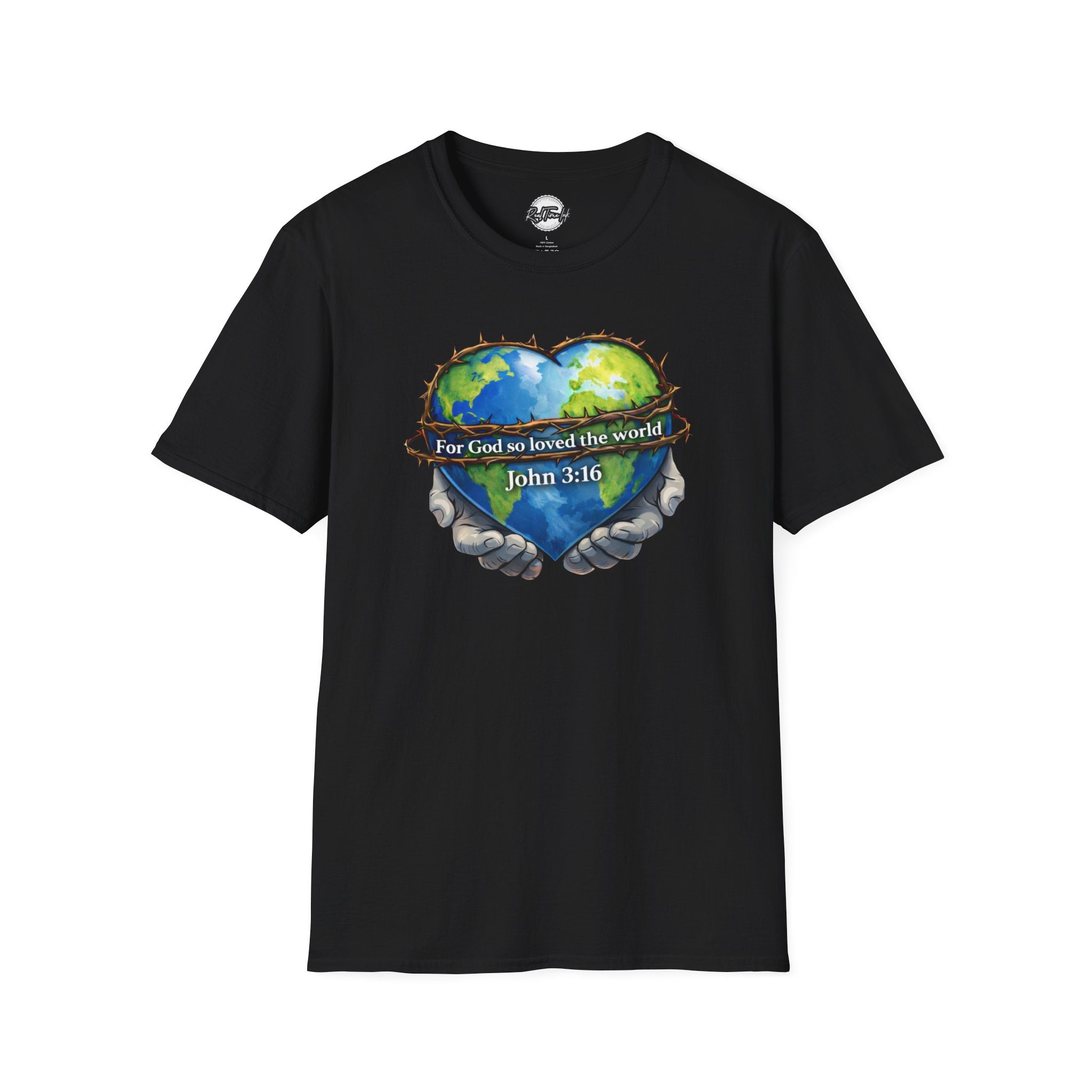 John 3:16 Heart Globe Christian T-Shirt — "For God so loved the world" Faith Tee